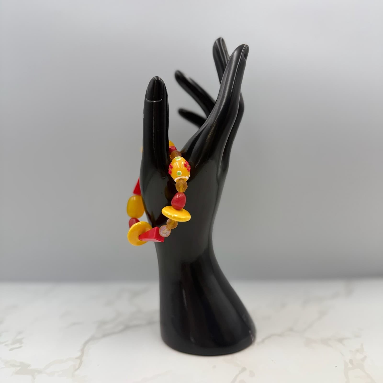 Vintage Handmade Womens Red Yellow Glass Scarlet Beaded Stretch Fashion Bracelet - Thumbnail 3