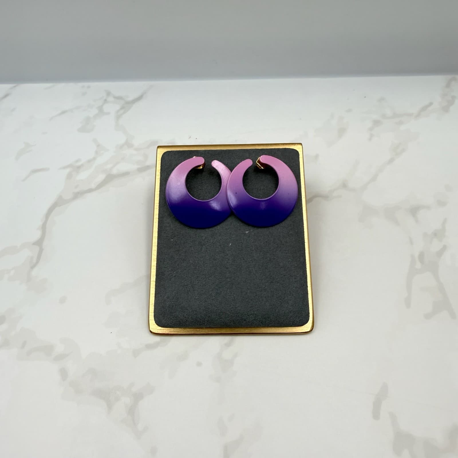 Vintage Charlotte Purple Gold-Toned Fashion Retro Circle Enamel Hoop Earrings - Thumbnail 2