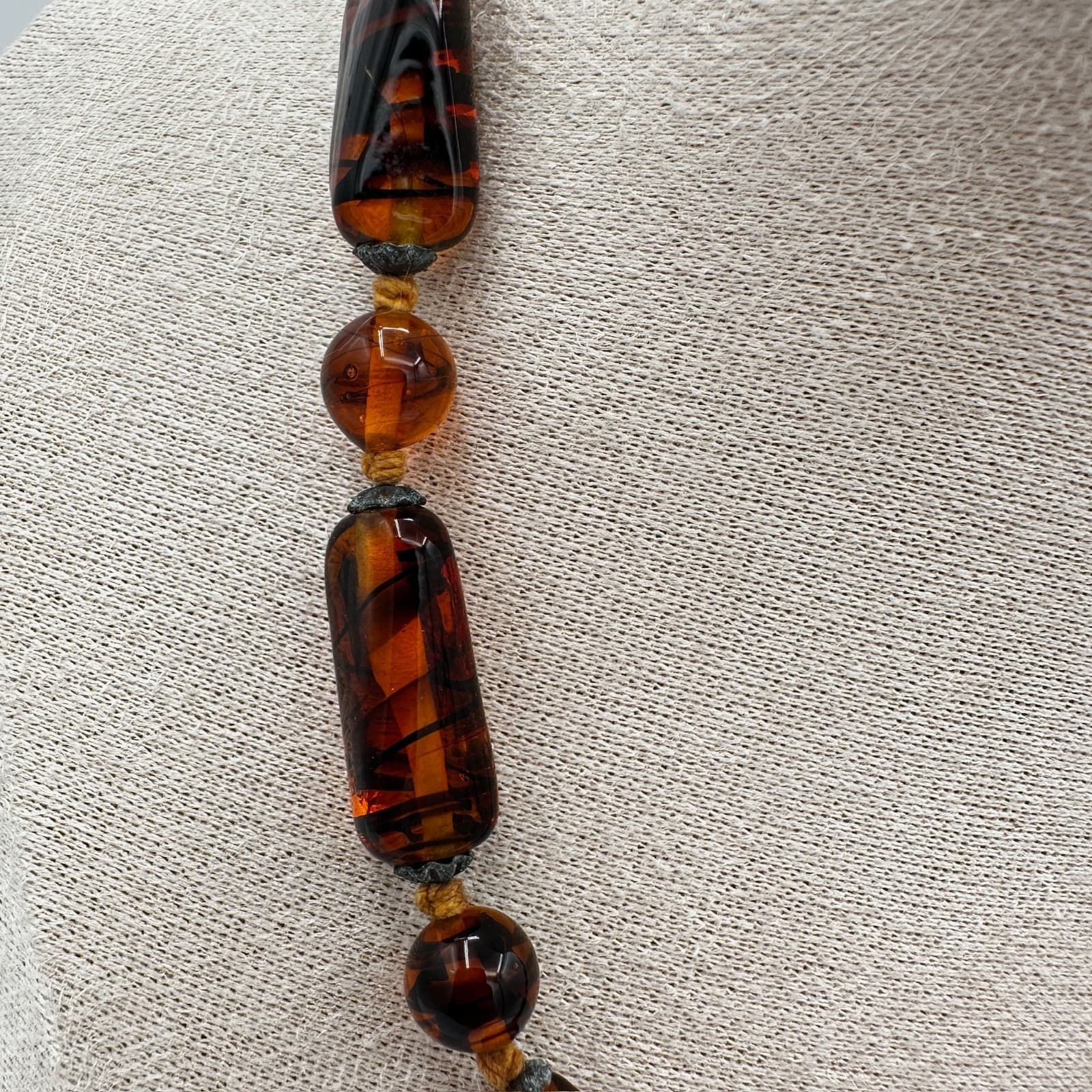 Vintage Tortoise Glass Bead Necklace Brown Amber Boho Retro Style - Thumbnail 4