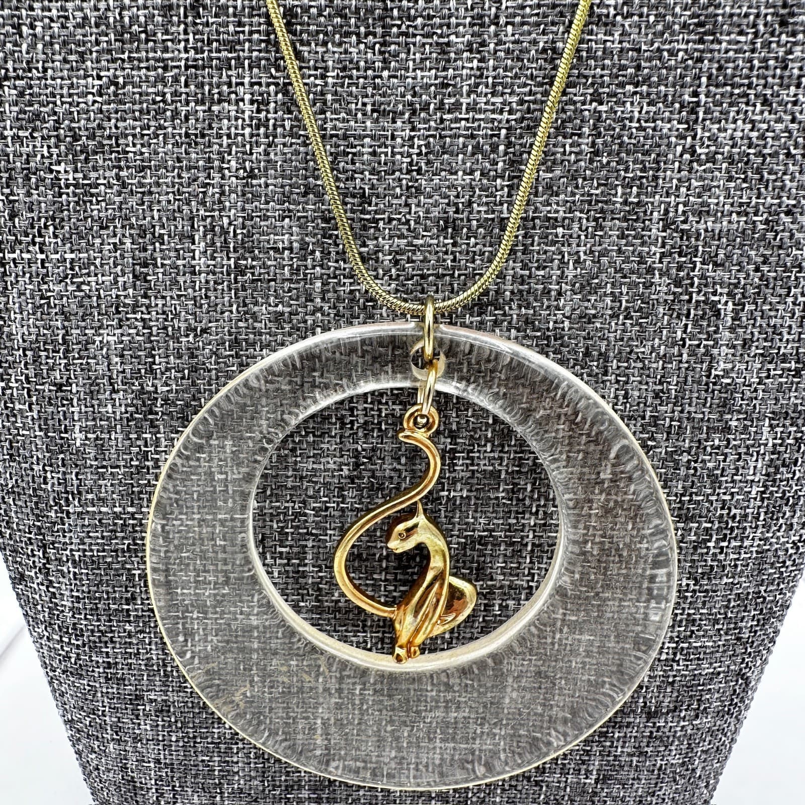 Vintage Clear Circle Pendant Necklace w/ Gold Flamingo Mid-Century Mod - Thumbnail 5