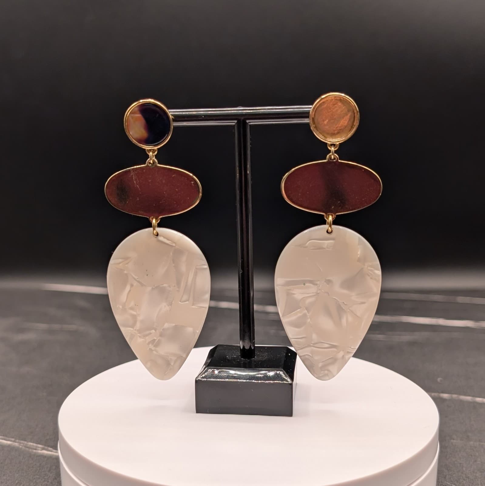 Vintage Gold Tone Statement Earrings w/ Maroon Oval & Frosted Teardrop Acrylic - Image 1