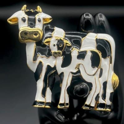 Vintage Gold Tone Enamel Cow & Calf Brooch Black White Farm Animal Pin - Image 1