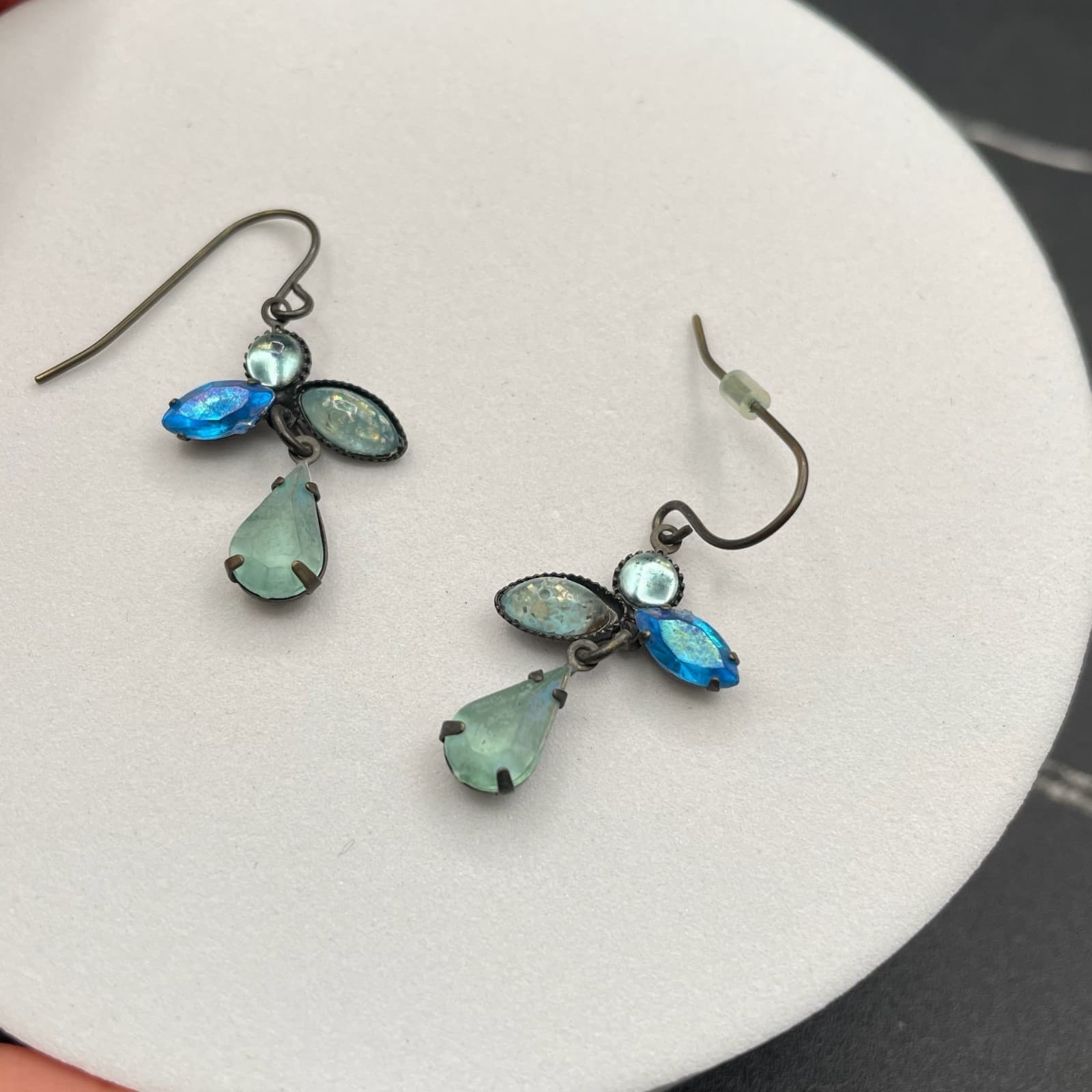 Vintage Aqua & Blue Rhinestone Cluster Dangle Drop Wedding Earrings - Thumbnail 4