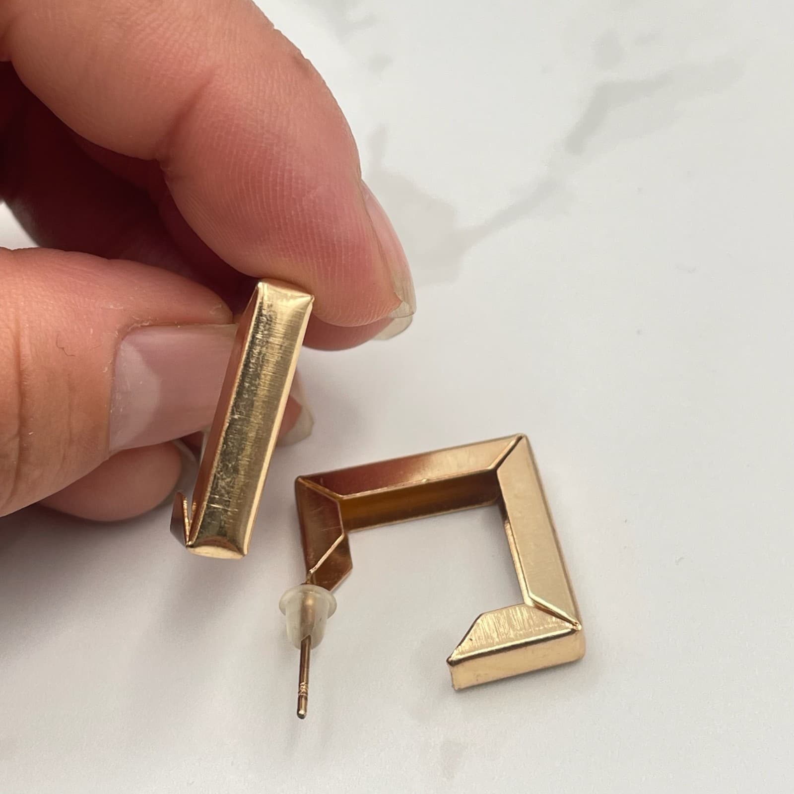 Vintage VTG Gold Tone Square Open Hoop Earrings Geometric Modernist Stud Dangle - Thumbnail 6