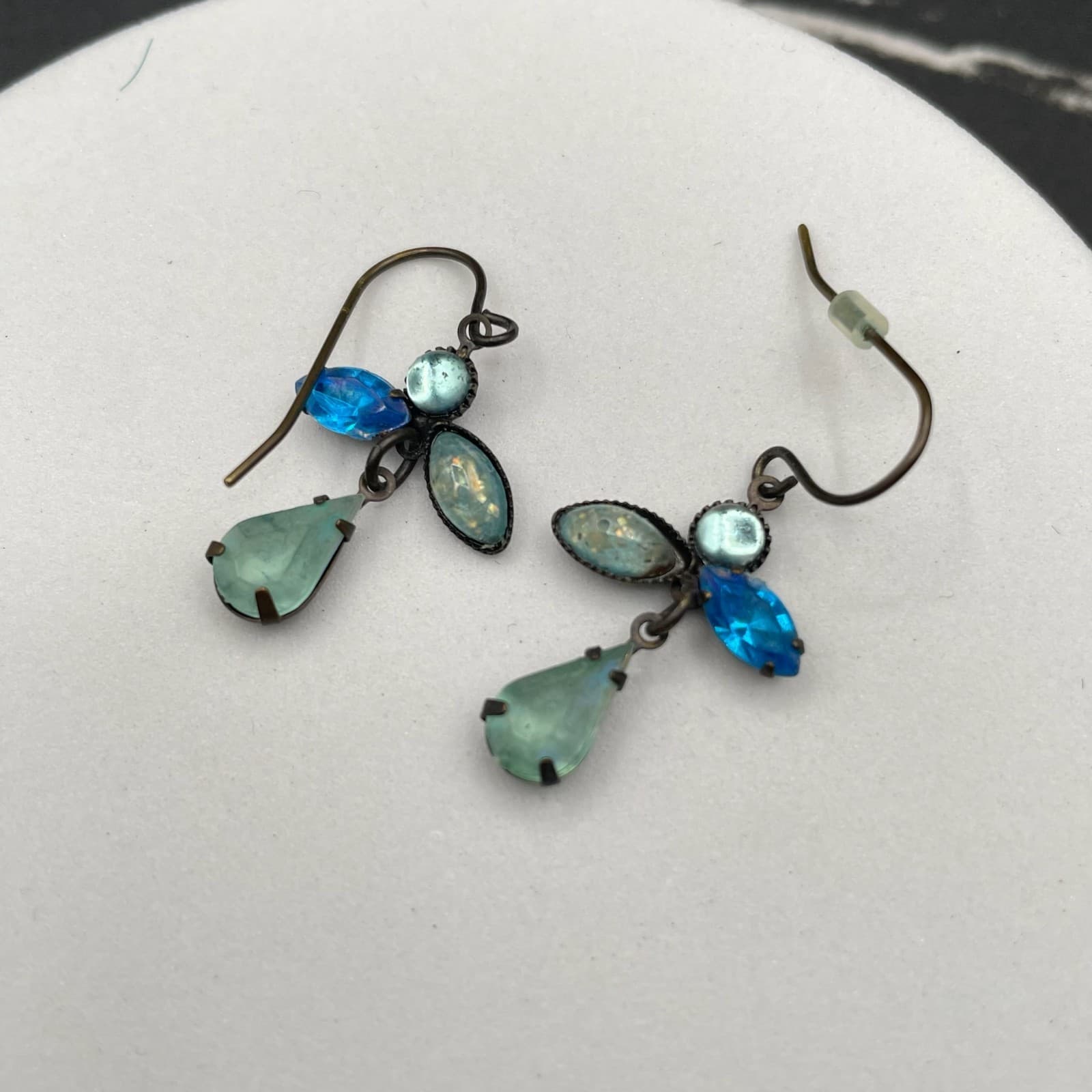 Vintage Aqua & Blue Rhinestone Cluster Dangle Drop Wedding Earrings - Thumbnail 3