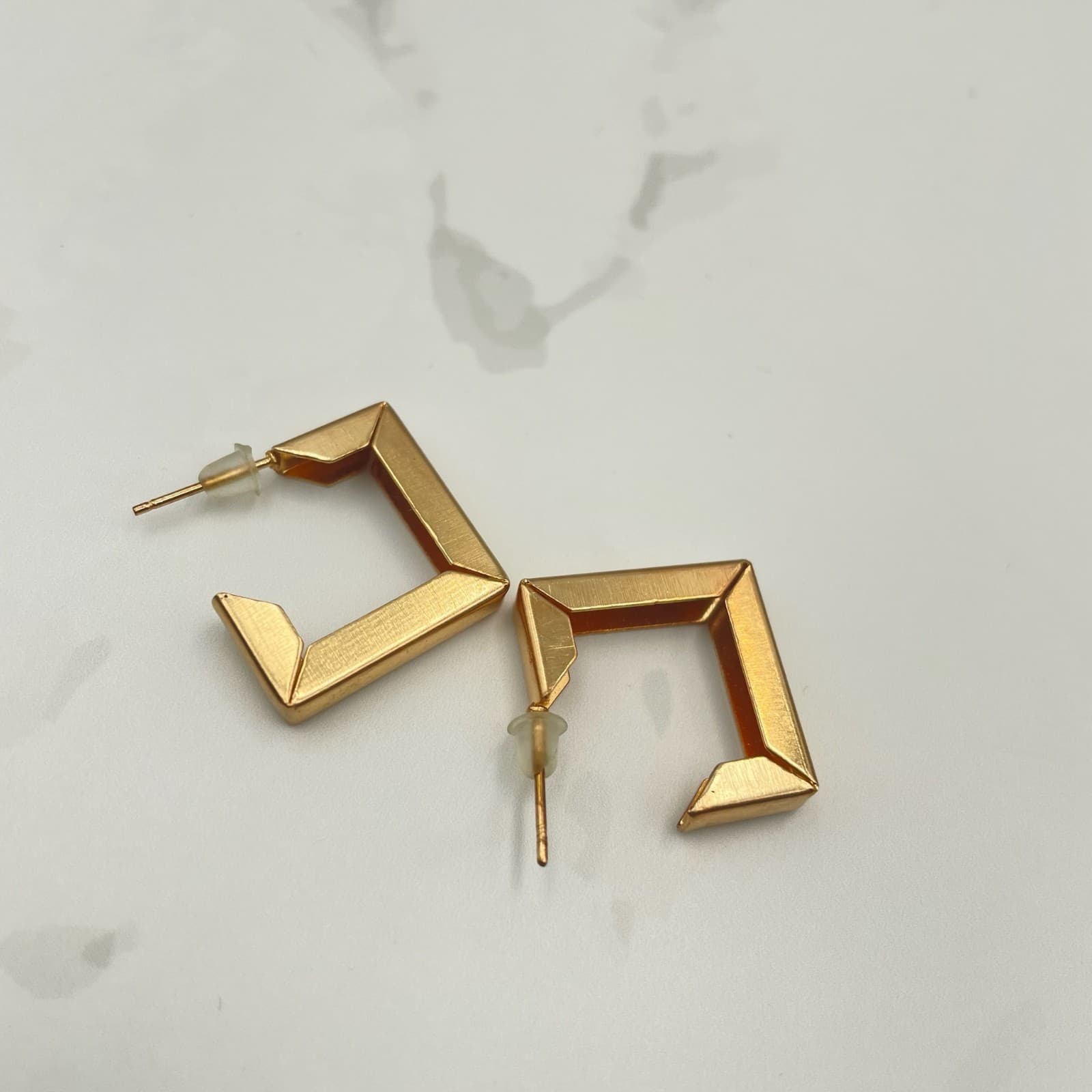 Vintage VTG Gold Tone Square Open Hoop Earrings Geometric Modernist Stud Dangle - Thumbnail 8