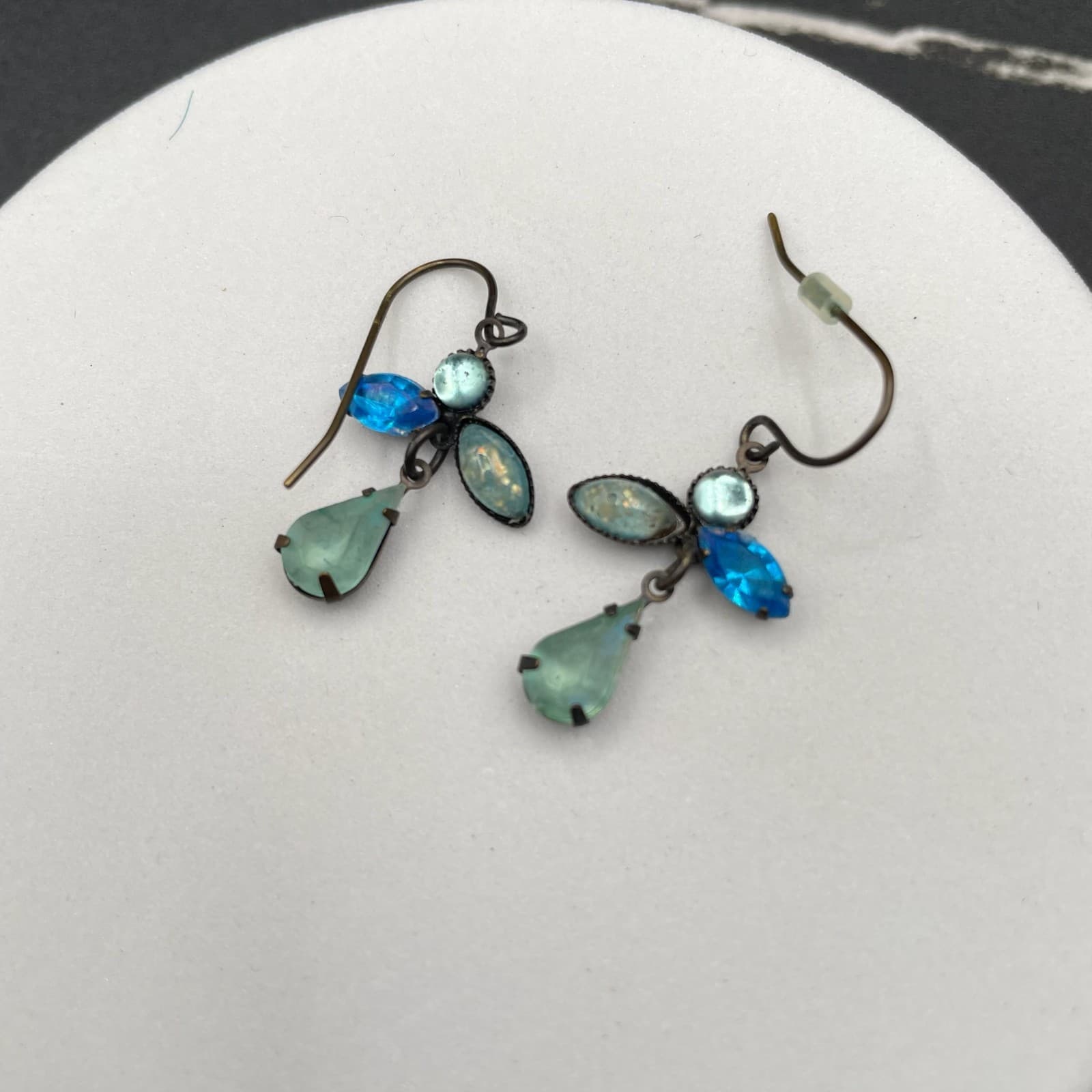 Vintage Aqua & Blue Rhinestone Cluster Dangle Drop Wedding Earrings - Image 1