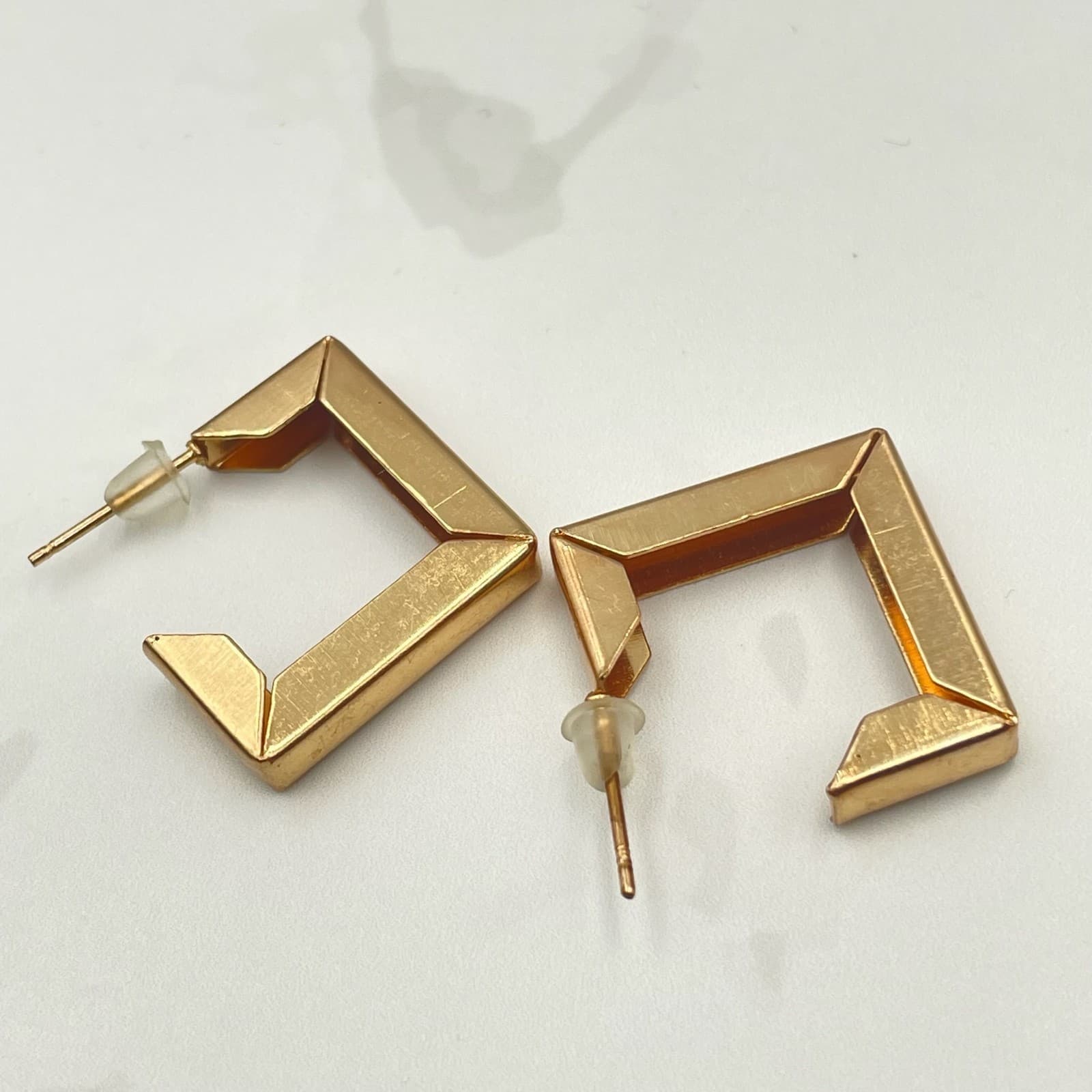 Vintage VTG Gold Tone Square Open Hoop Earrings Geometric Modernist Stud Dangle - Thumbnail 9