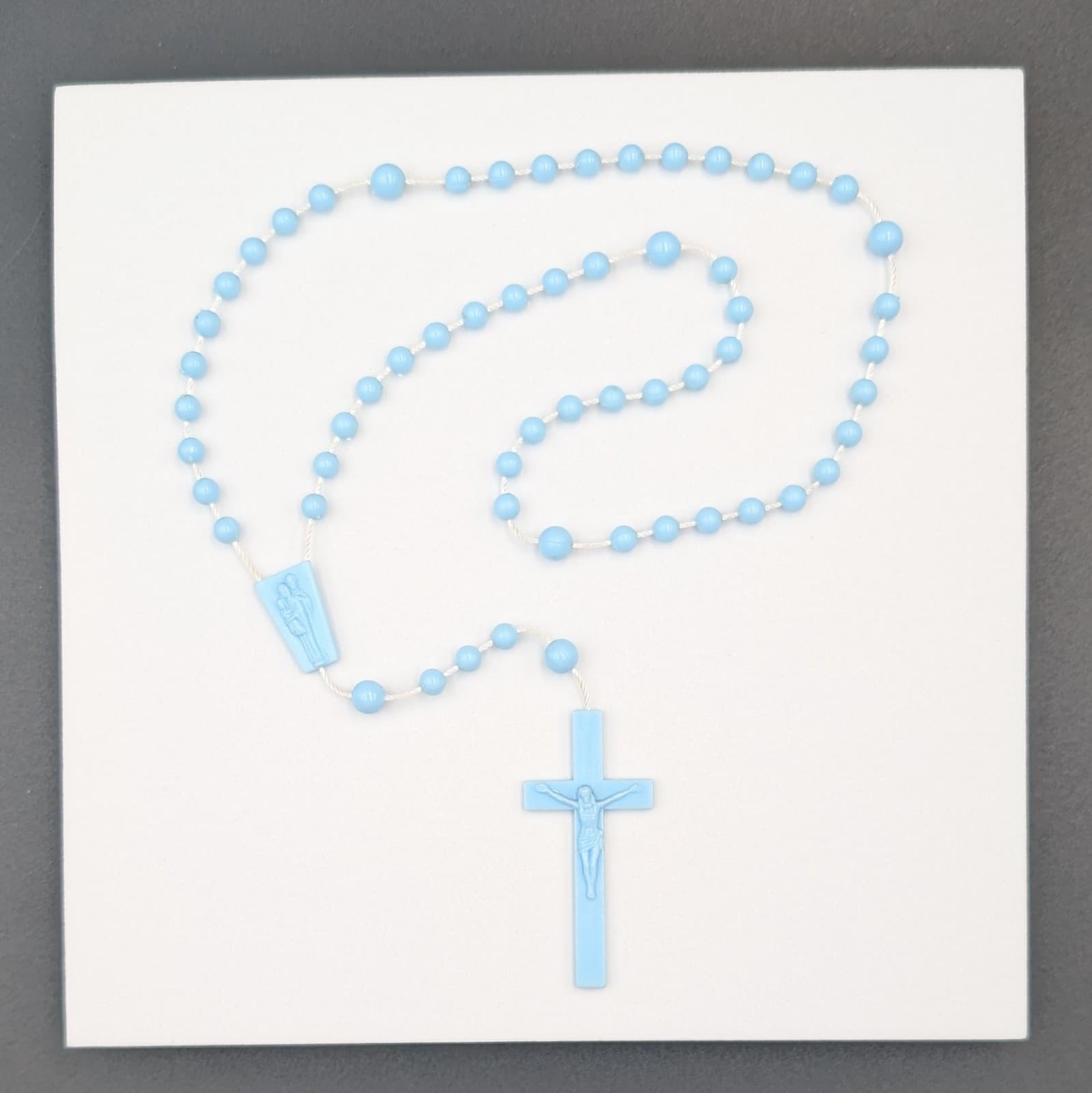 Vintage Blue Plastic Rosary Beads Necklace Catholic Cross - Image 1