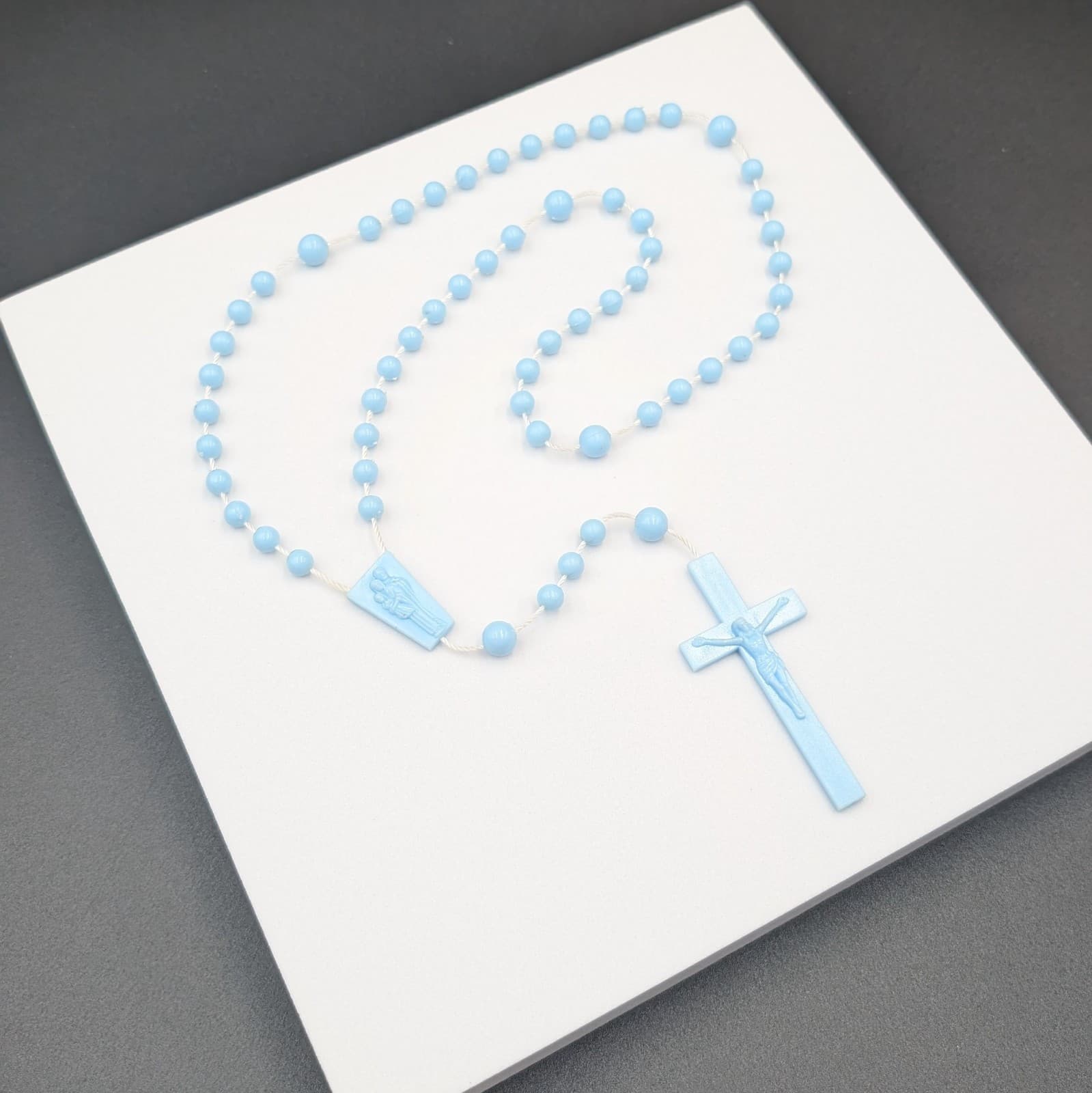 Vintage Blue Plastic Rosary Beads Necklace Catholic Cross - Thumbnail 2