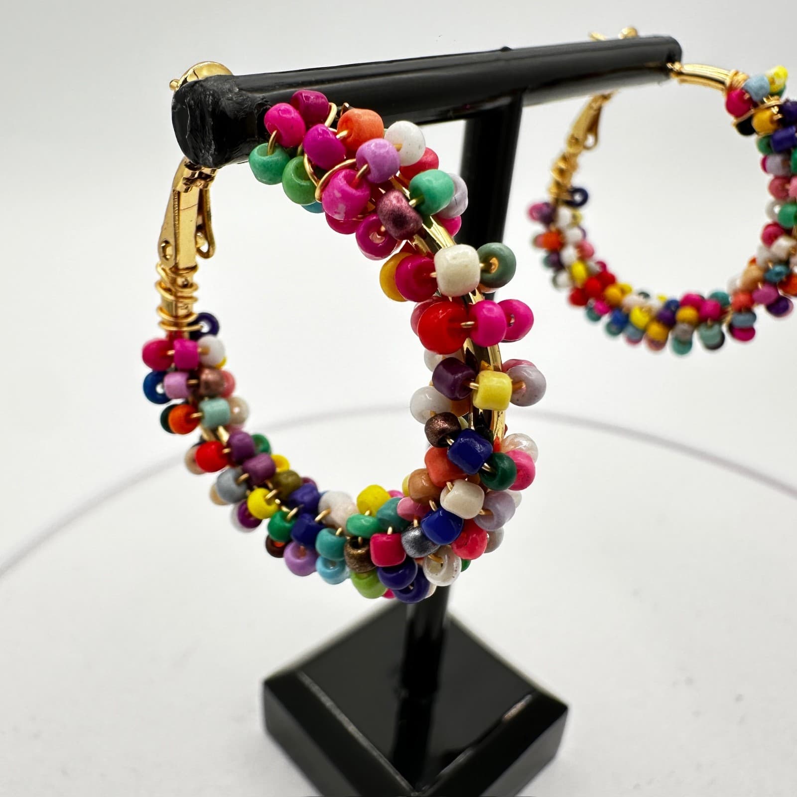 Vintage Colorful Seed Bead Hoop Earrings Boho Y2K Festival Style - Thumbnail 3