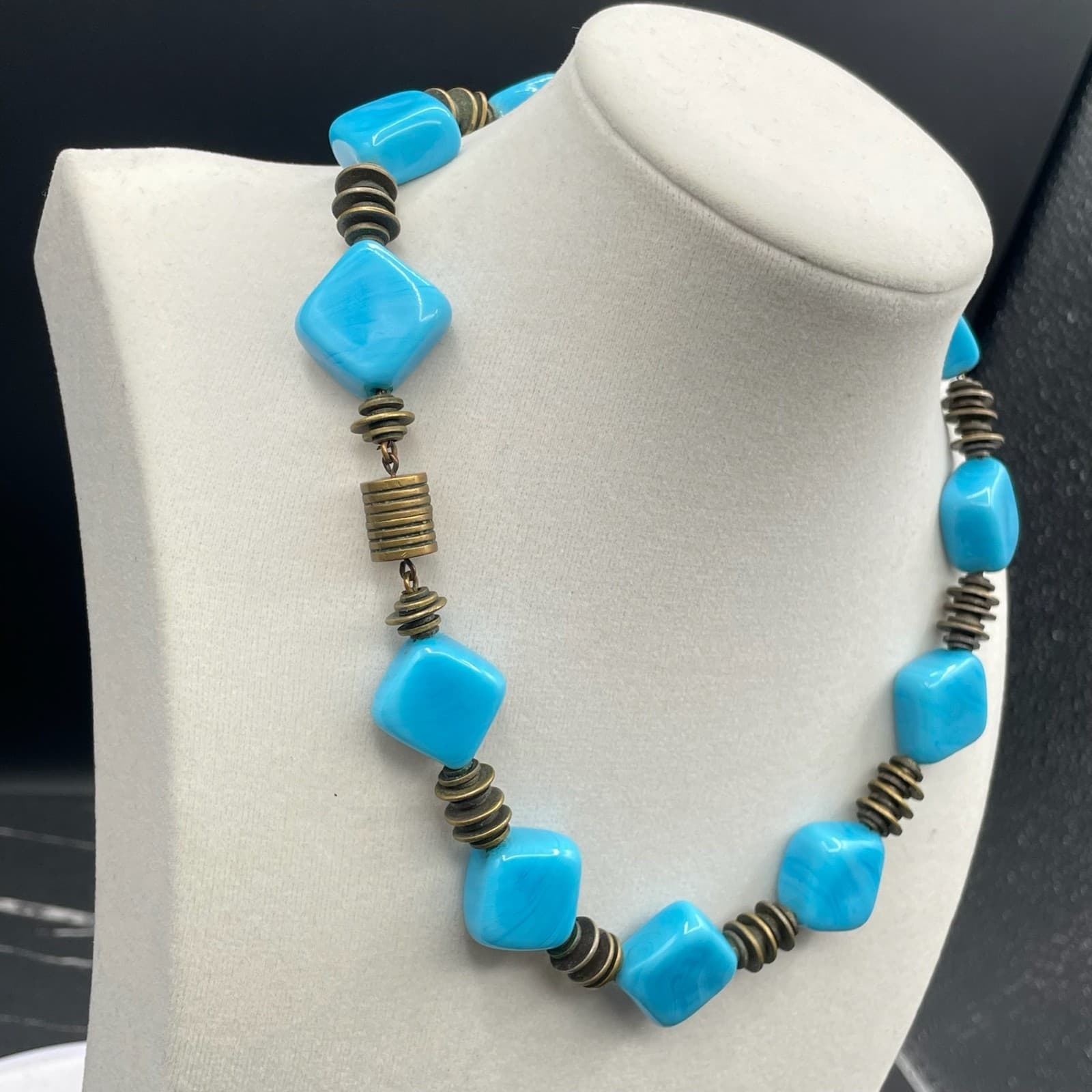 Vintage Turquoise Stone Chunky Square Beaded Retro Classic Choker Necklace - Thumbnail 2