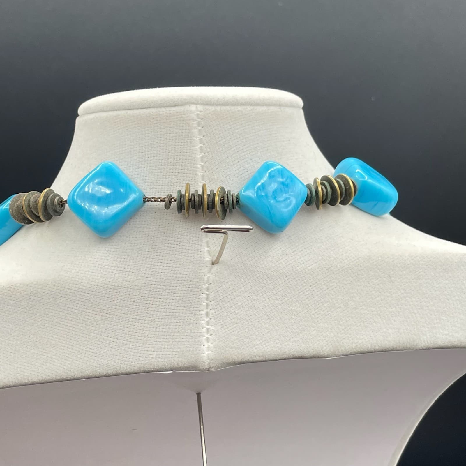 Vintage Turquoise Stone Chunky Square Beaded Retro Classic Choker Necklace - Thumbnail 5