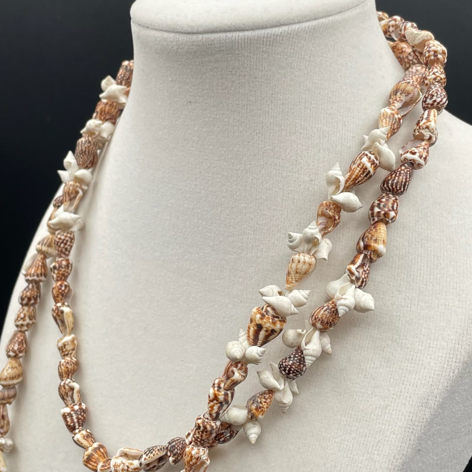 Vintage Beige Cord Classic Seashell Shell Double Stranded Beaded Curled Necklace - Thumbnail 6