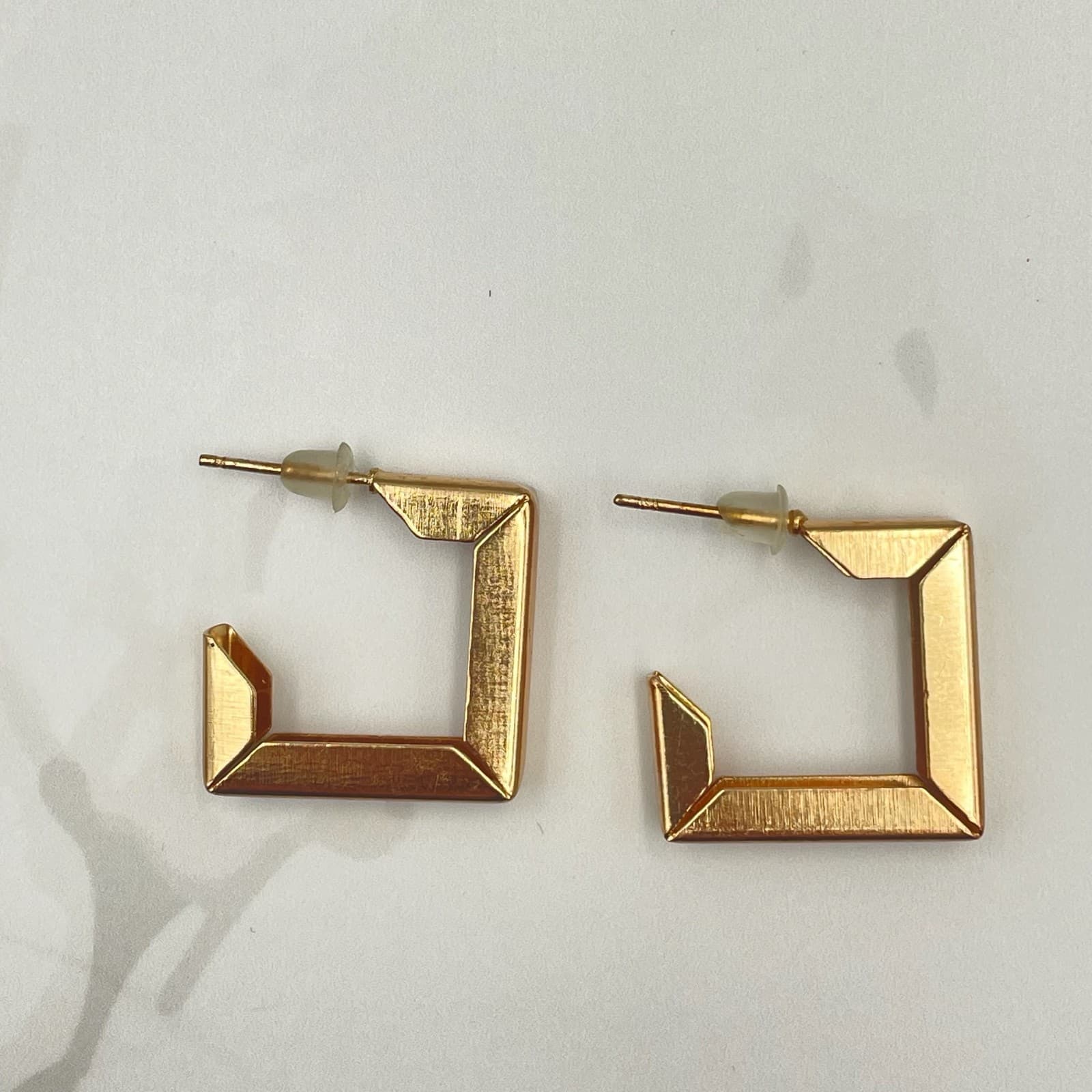 Vintage VTG Gold Tone Square Open Hoop Earrings Geometric Modernist Stud Dangle - Thumbnail 4