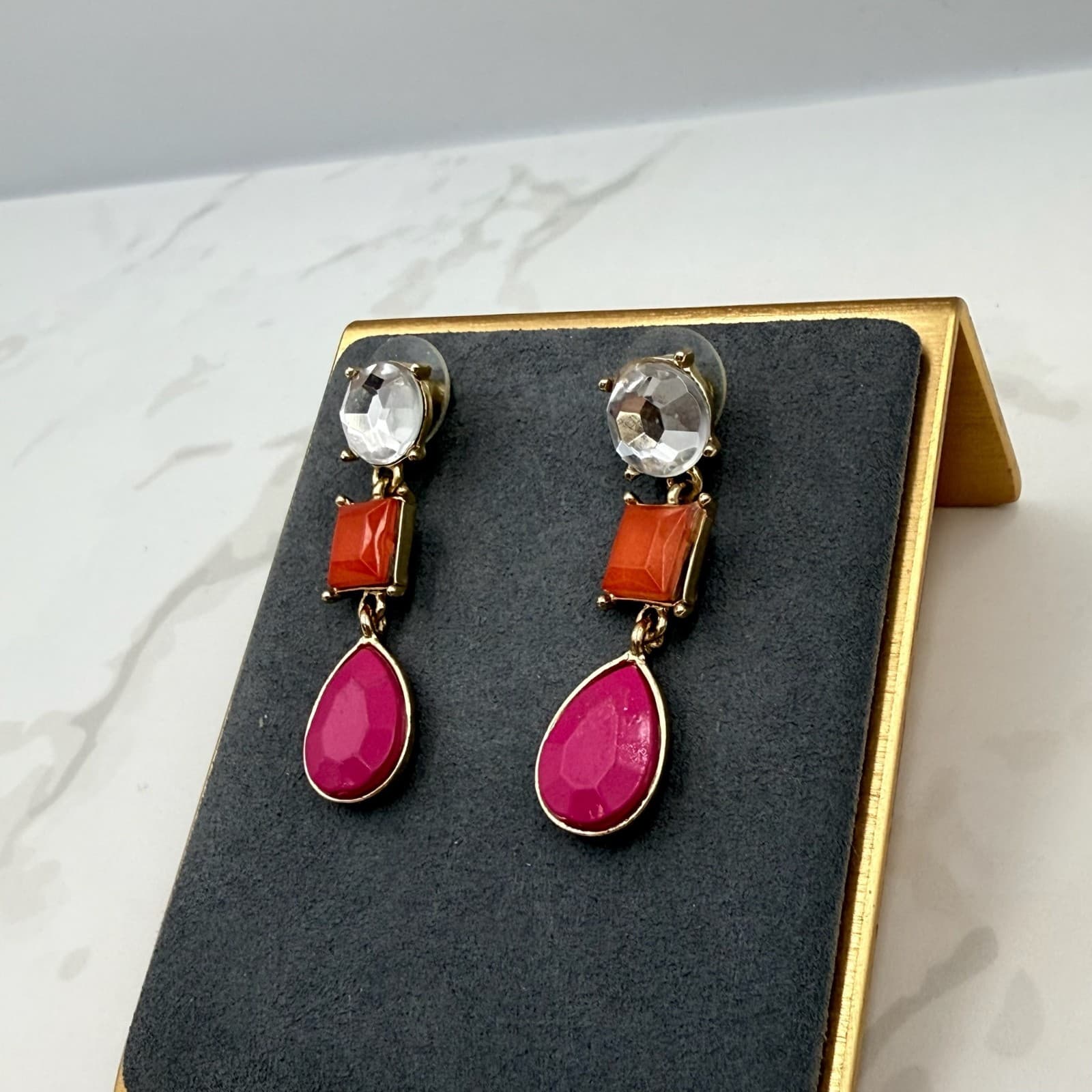 Vintage Womens Pink Orange Goldtone Stud Screw Back Beauty Dangle Earrings - Thumbnail 2