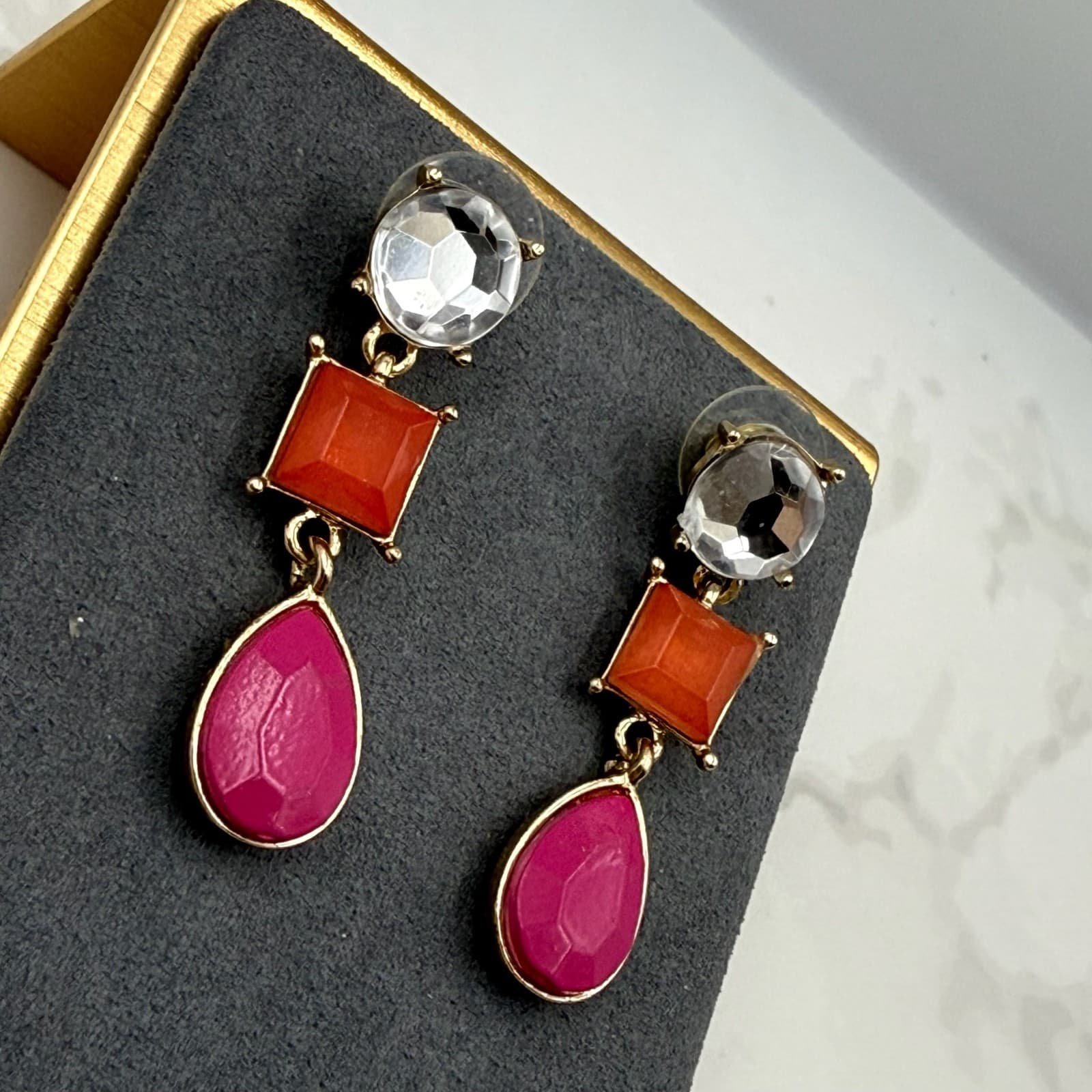 Vintage Womens Pink Orange Goldtone Stud Screw Back Beauty Dangle Earrings - Thumbnail 5