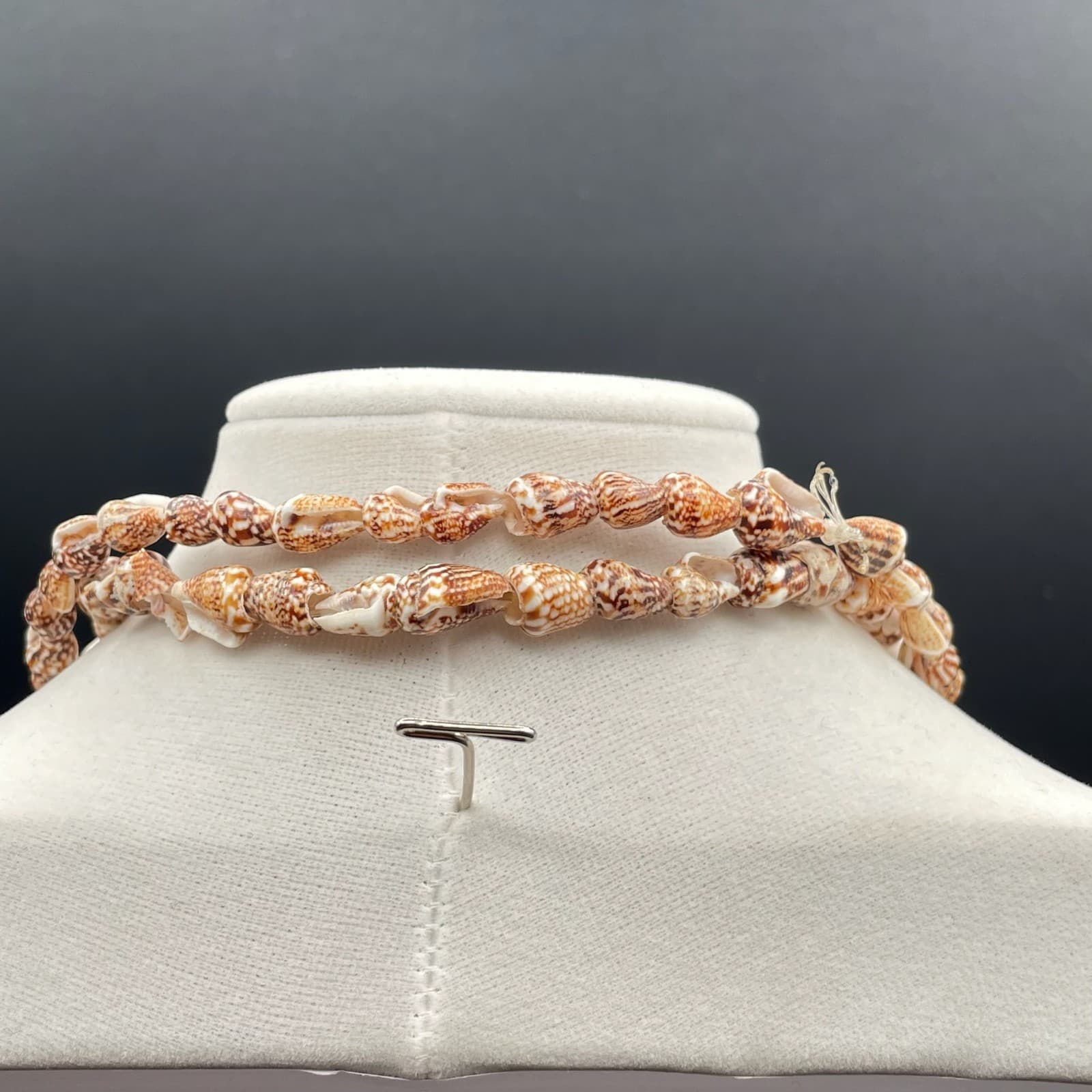 Vintage Beige Cord Classic Seashell Shell Double Stranded Beaded Curled Necklace - Thumbnail 9