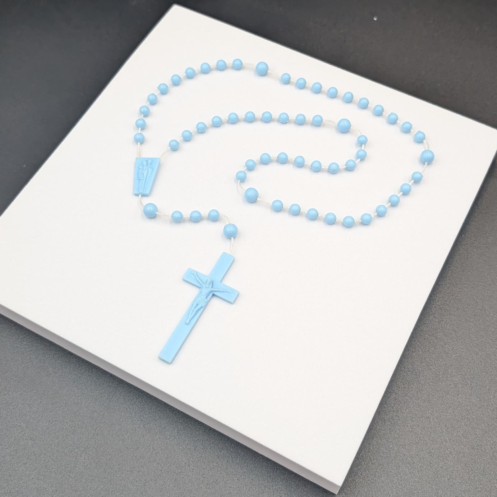 Vintage Blue Plastic Rosary Beads Necklace Catholic Cross - Thumbnail 3