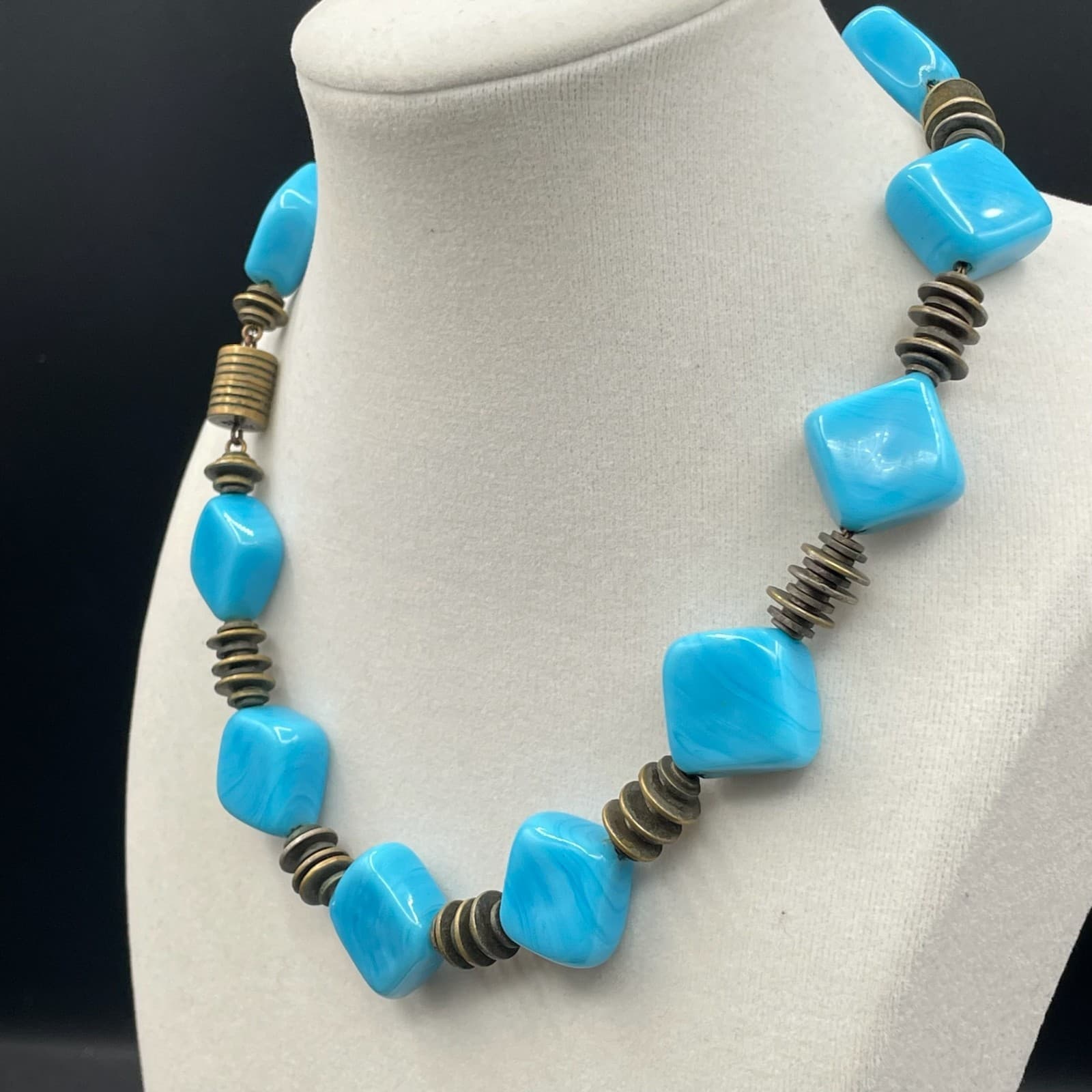 Vintage Turquoise Stone Chunky Square Beaded Retro Classic Choker Necklace - Thumbnail 4