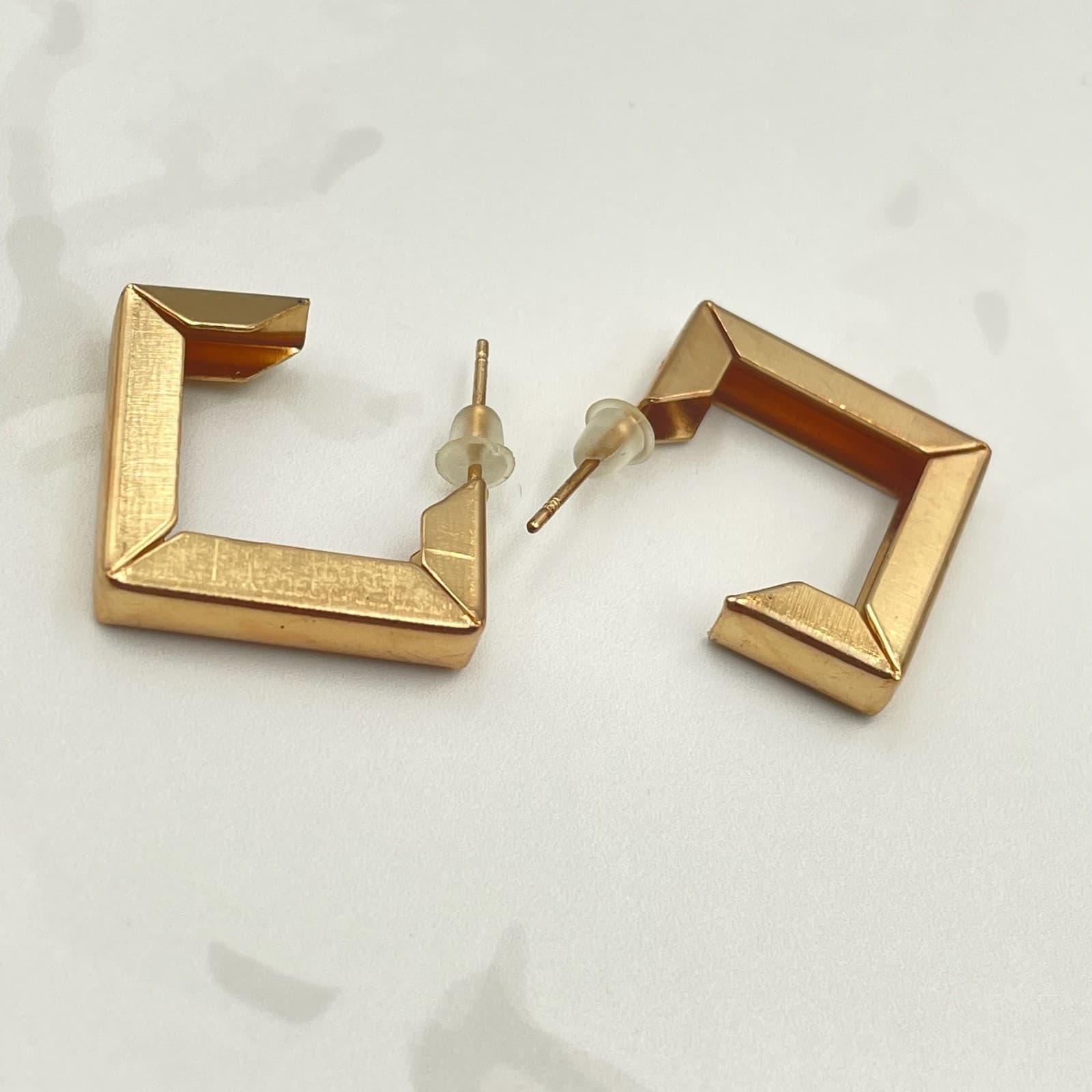 Vintage VTG Gold Tone Square Open Hoop Earrings Geometric Modernist Stud Dangle - Thumbnail 3