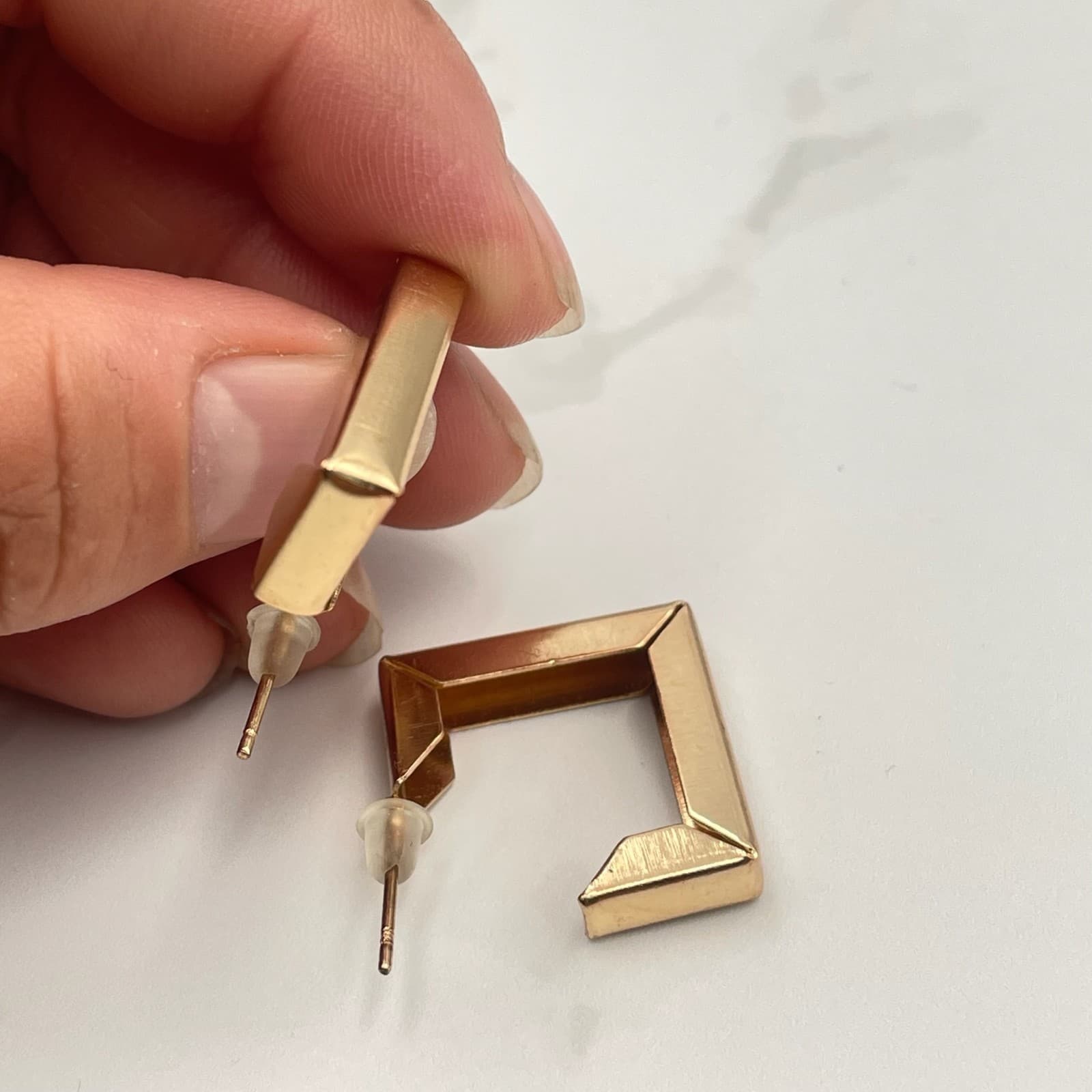 Vintage VTG Gold Tone Square Open Hoop Earrings Geometric Modernist Stud Dangle - Thumbnail 7