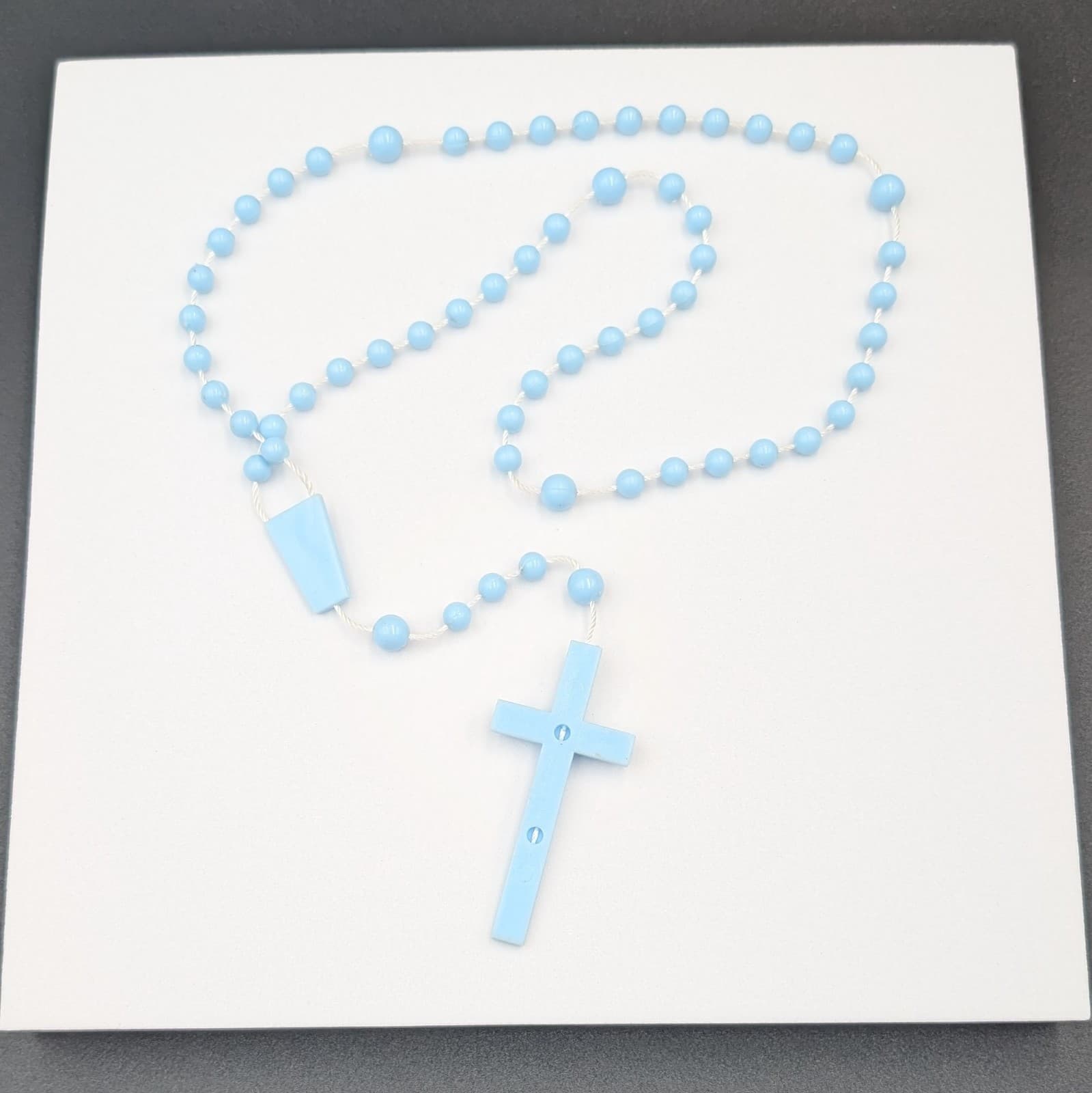 Vintage Blue Plastic Rosary Beads Necklace Catholic Cross - Thumbnail 4