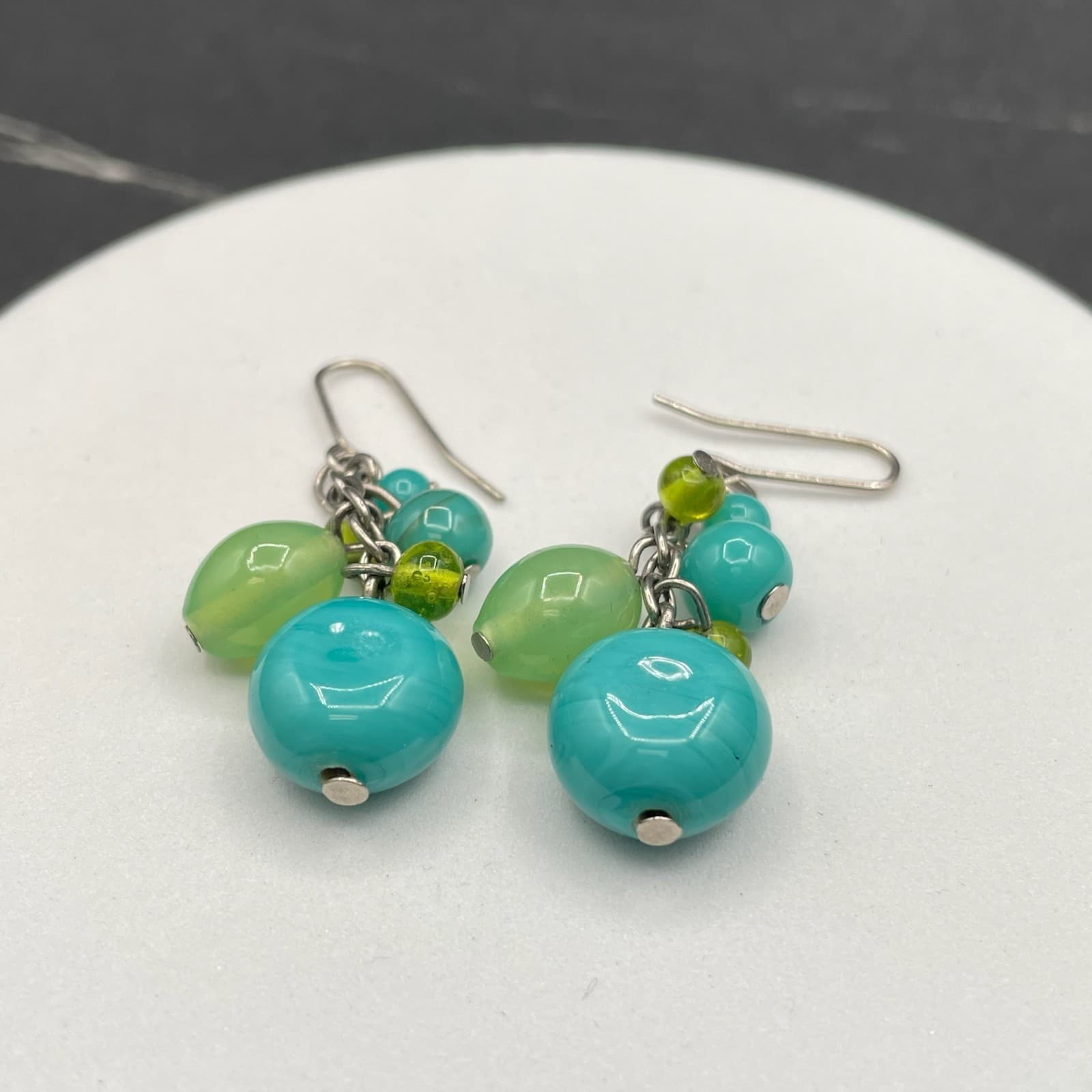 Vintage Blue Turquoise Green Silver-Tone Beaded Retro Dangle Drop Earrings - Thumbnail 4