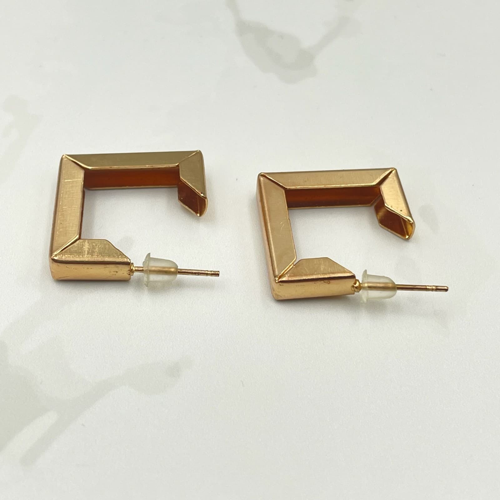 Vintage VTG Gold Tone Square Open Hoop Earrings Geometric Modernist Stud Dangle - Thumbnail 5