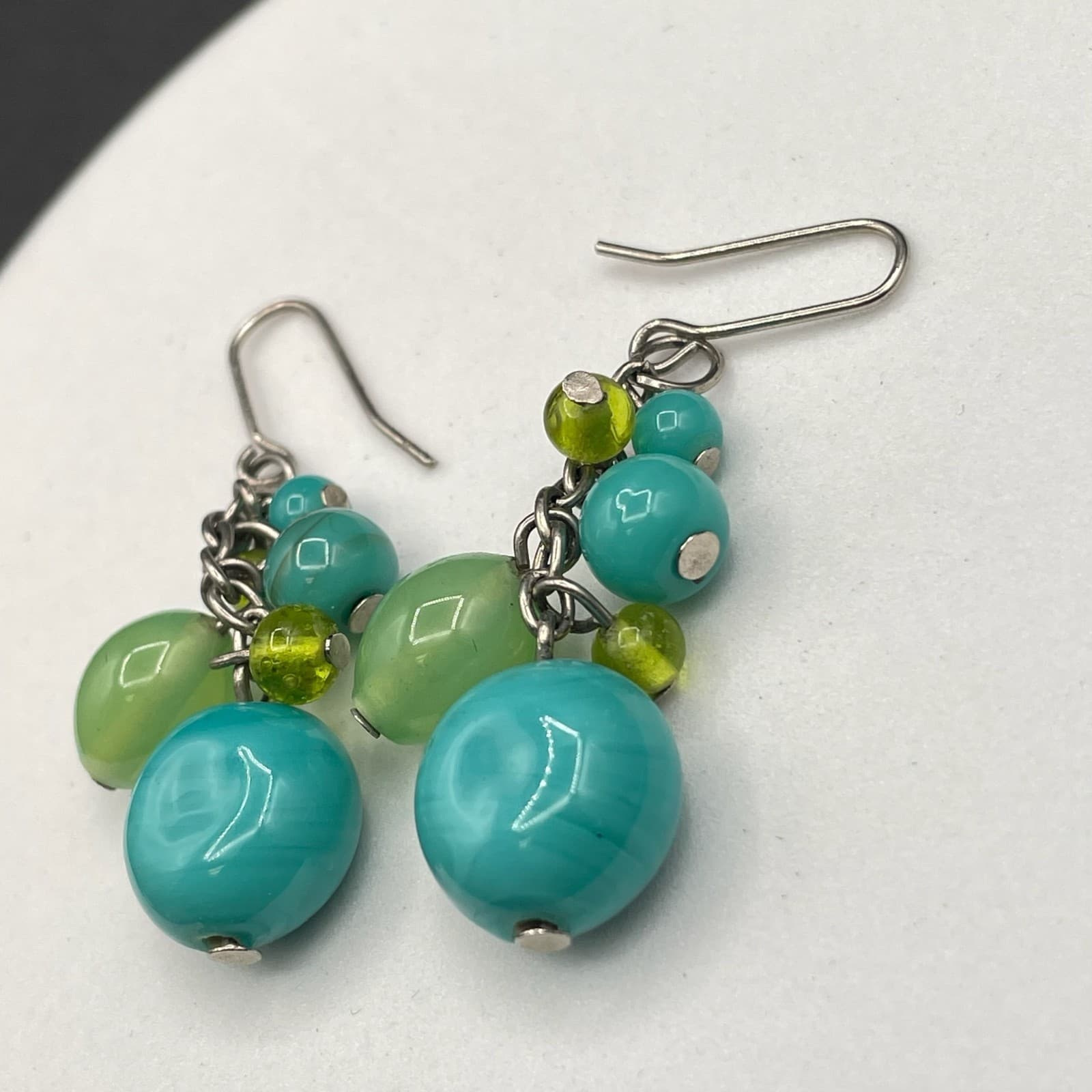 Vintage Blue Turquoise Green Silver-Tone Beaded Retro Dangle Drop Earrings - Thumbnail 5