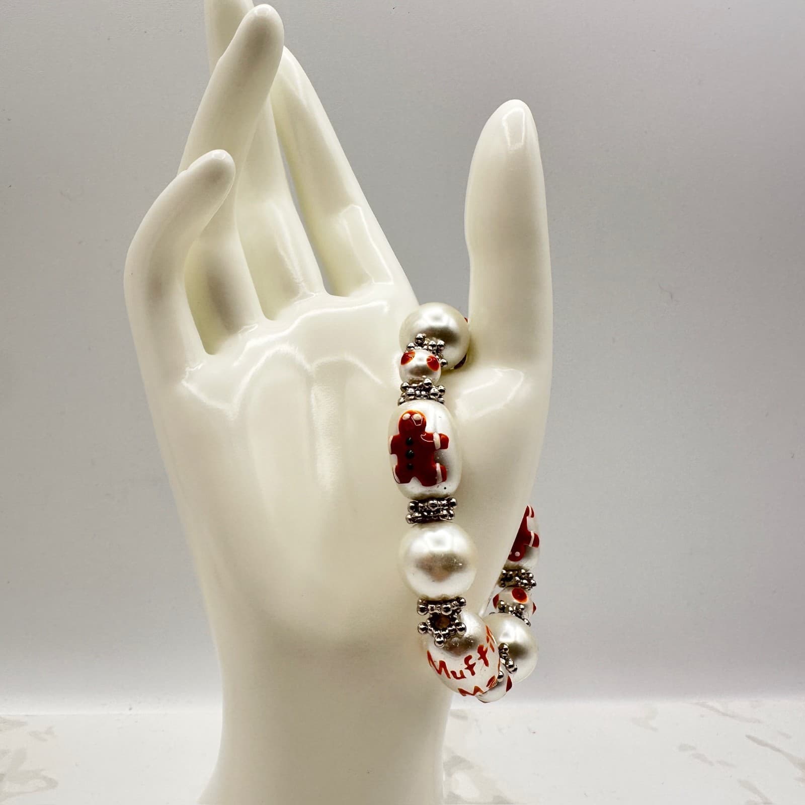 Vintage Multicolor Painted Christmas Gingerbread Man Glass Beaded Stretch - Image 1