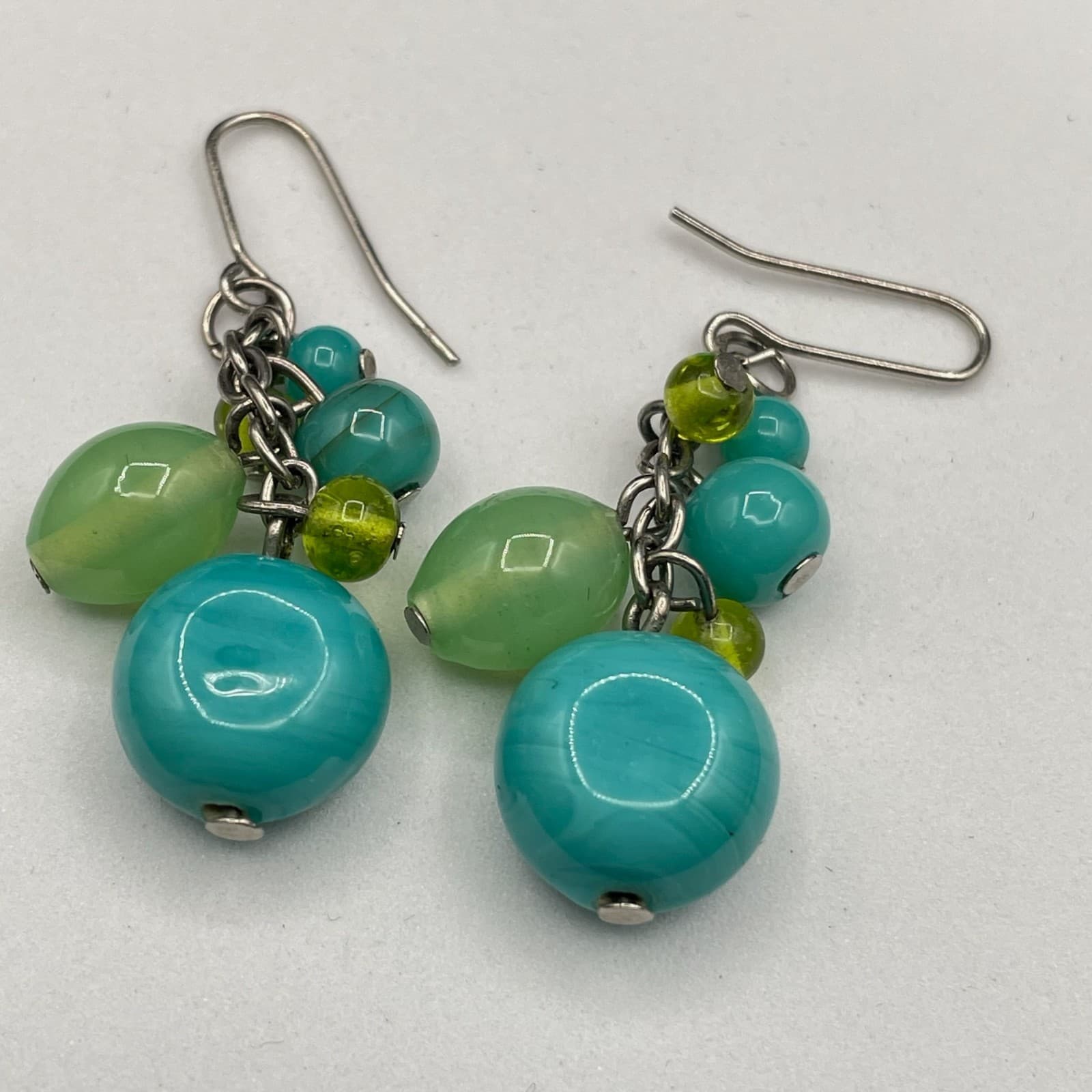 Vintage Blue Turquoise Green Silver-Tone Beaded Retro Dangle Drop Earrings - Thumbnail 2