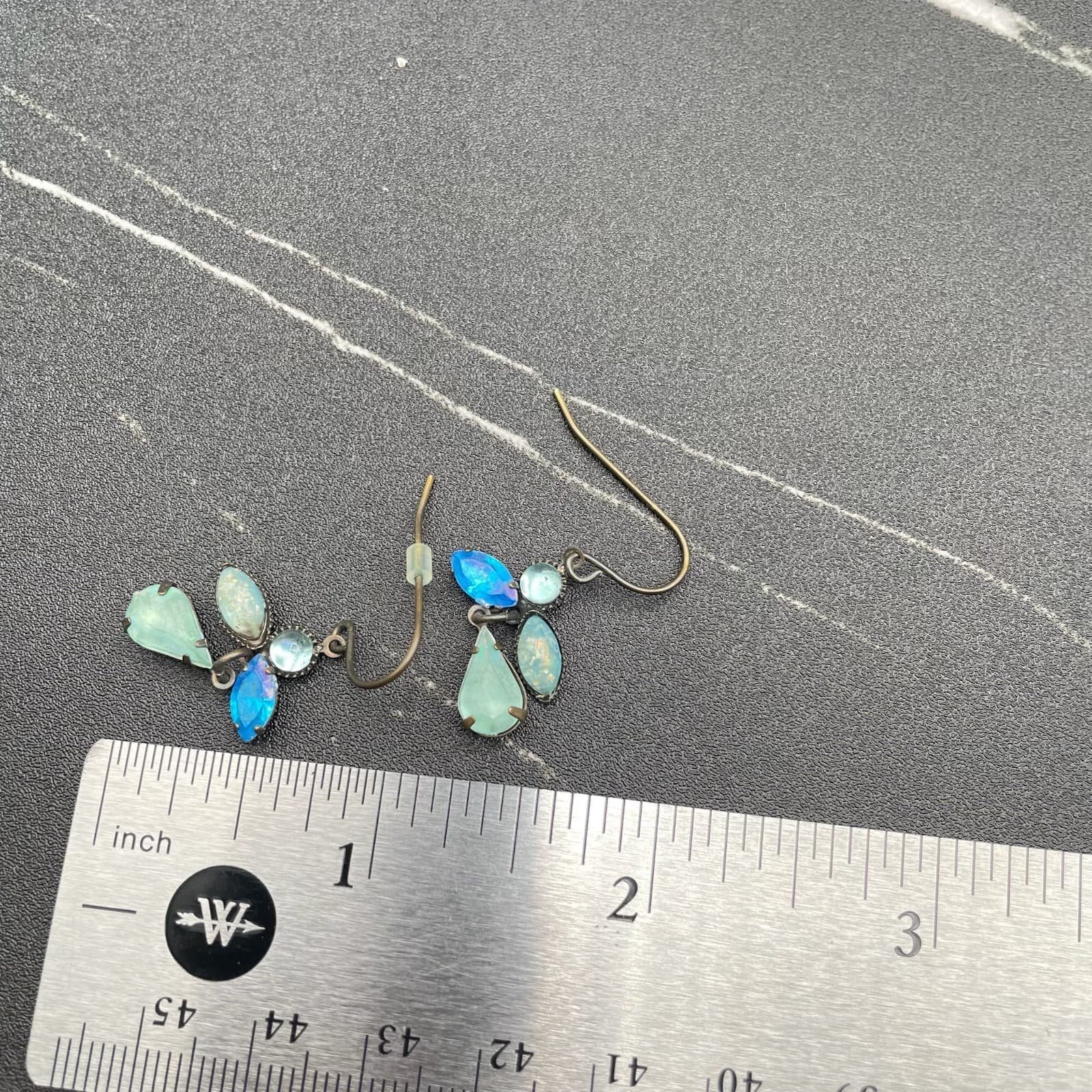 Vintage Aqua & Blue Rhinestone Cluster Dangle Drop Wedding Earrings - Thumbnail 2