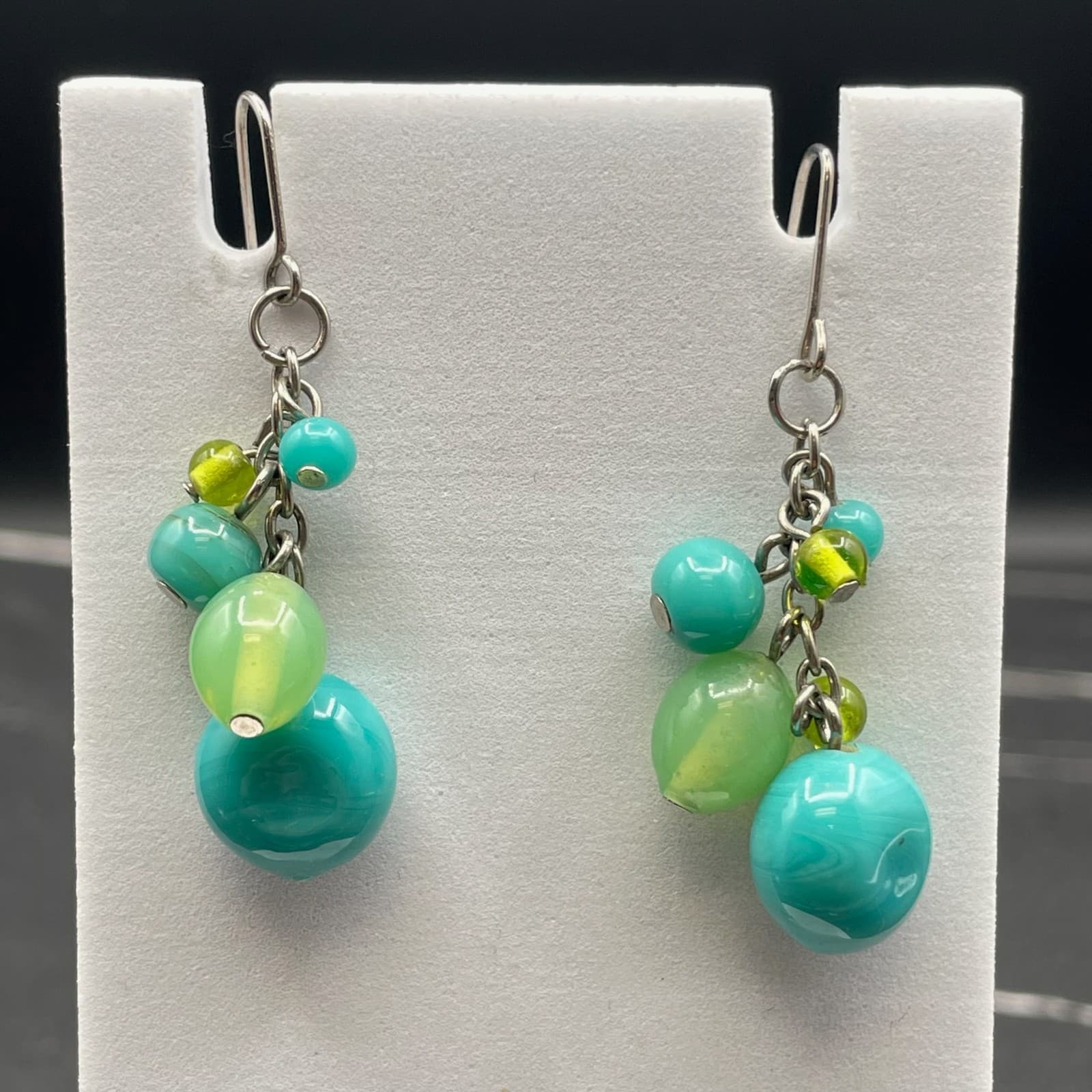 Vintage Blue Turquoise Green Silver-Tone Beaded Retro Dangle Drop Earrings - Image 1