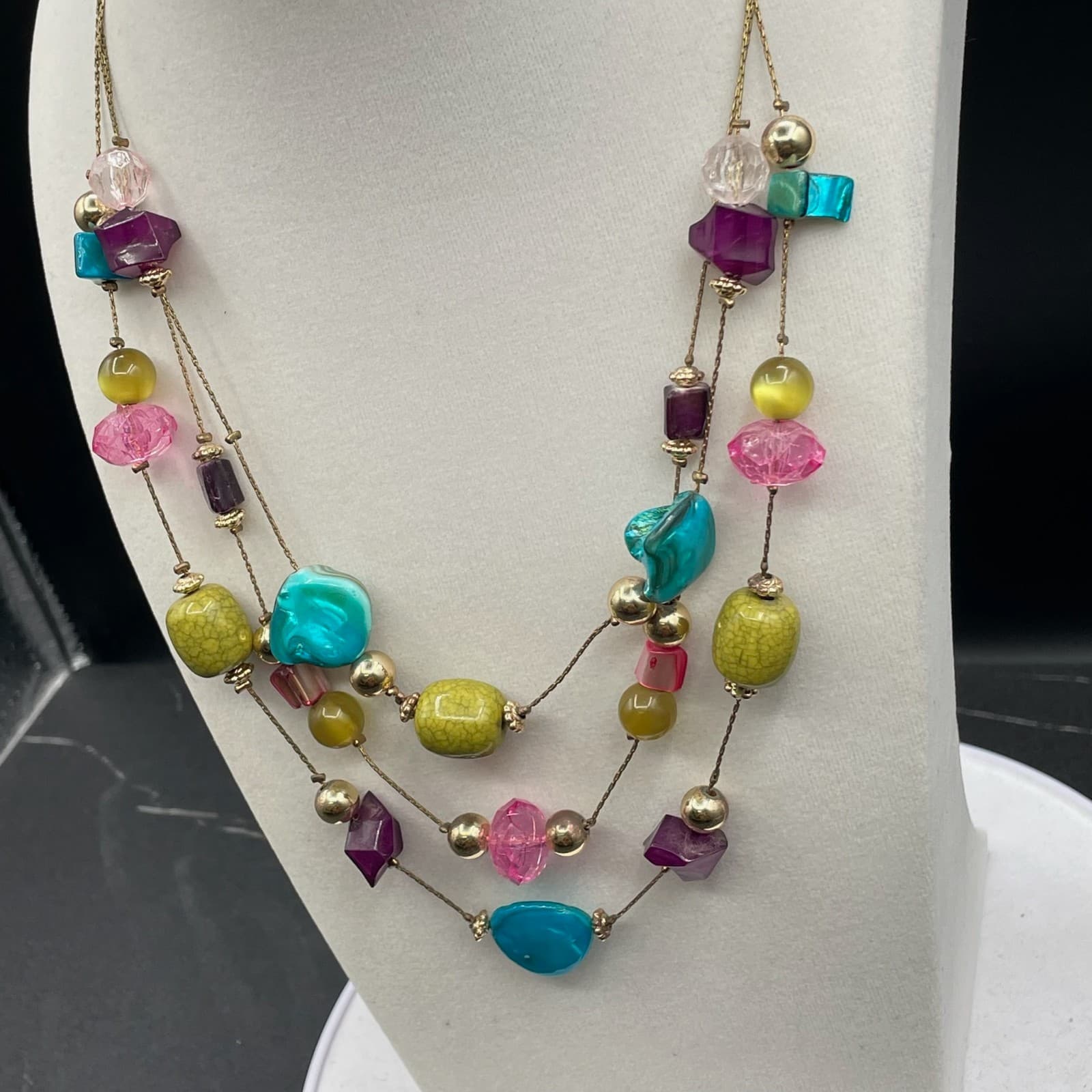 Vintage Multi-Strand Beaded Necklace Statement Multicolor Acrylic Glass Beads - Thumbnail 5