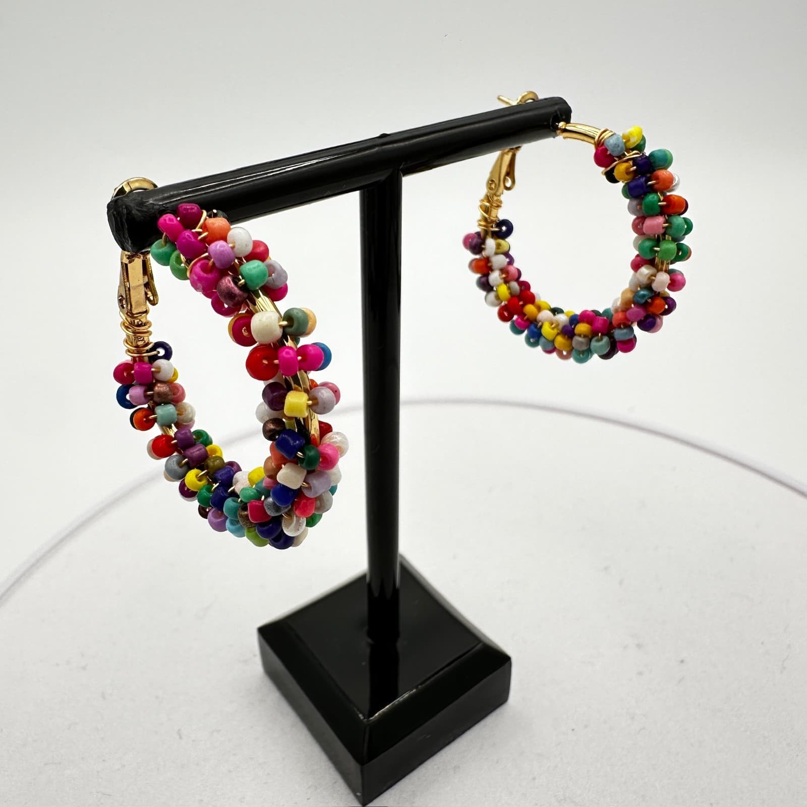Vintage Colorful Seed Bead Hoop Earrings Boho Y2K Festival Style - Thumbnail 2