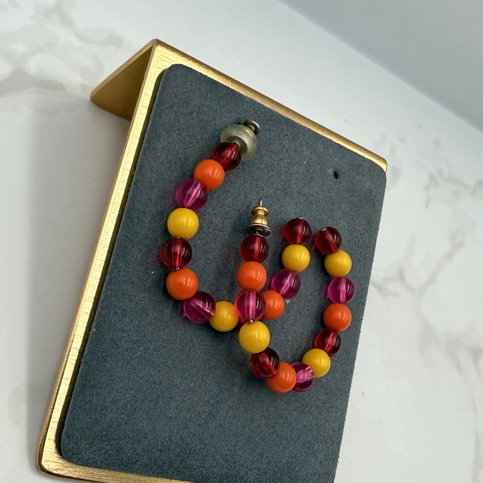 Vintage West German Silver Gold-Toned Multicolored Cube Beaded Hoop Earrings - Thumbnail 4