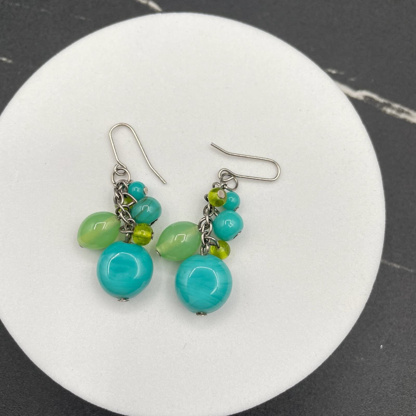 Vintage Blue Turquoise Green Silver-Tone Beaded Retro Dangle Drop Earrings - Thumbnail 3