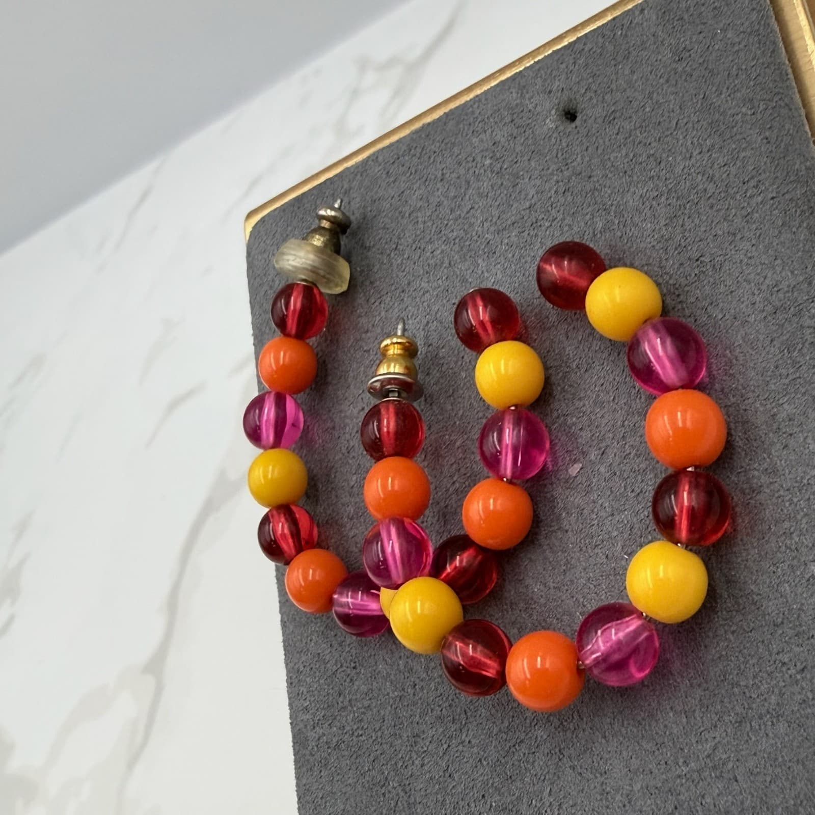 Vintage West German Silver Gold-Toned Multicolored Cube Beaded Hoop Earrings - Thumbnail 5