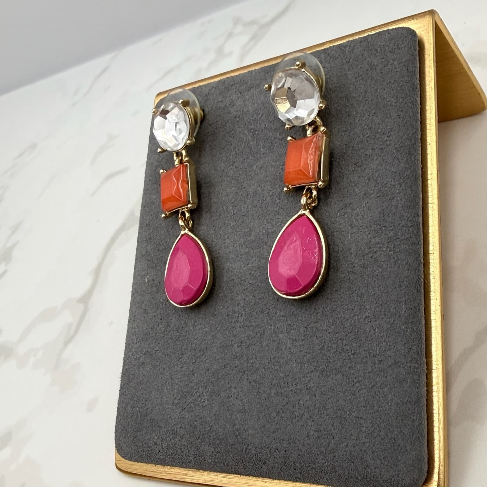 Vintage Womens Pink Orange Goldtone Stud Screw Back Beauty Dangle Earrings - Thumbnail 3