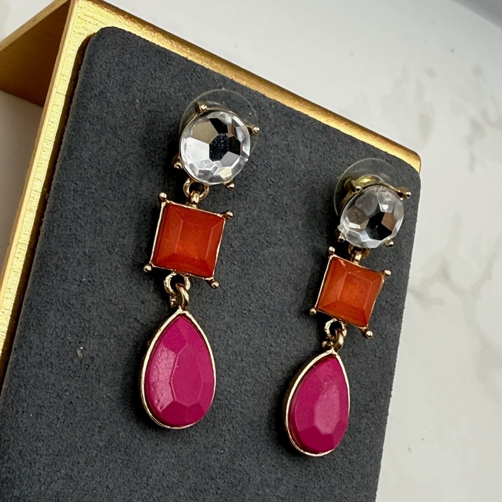 Vintage Womens Pink Orange Goldtone Stud Screw Back Beauty Dangle Earrings - Thumbnail 4