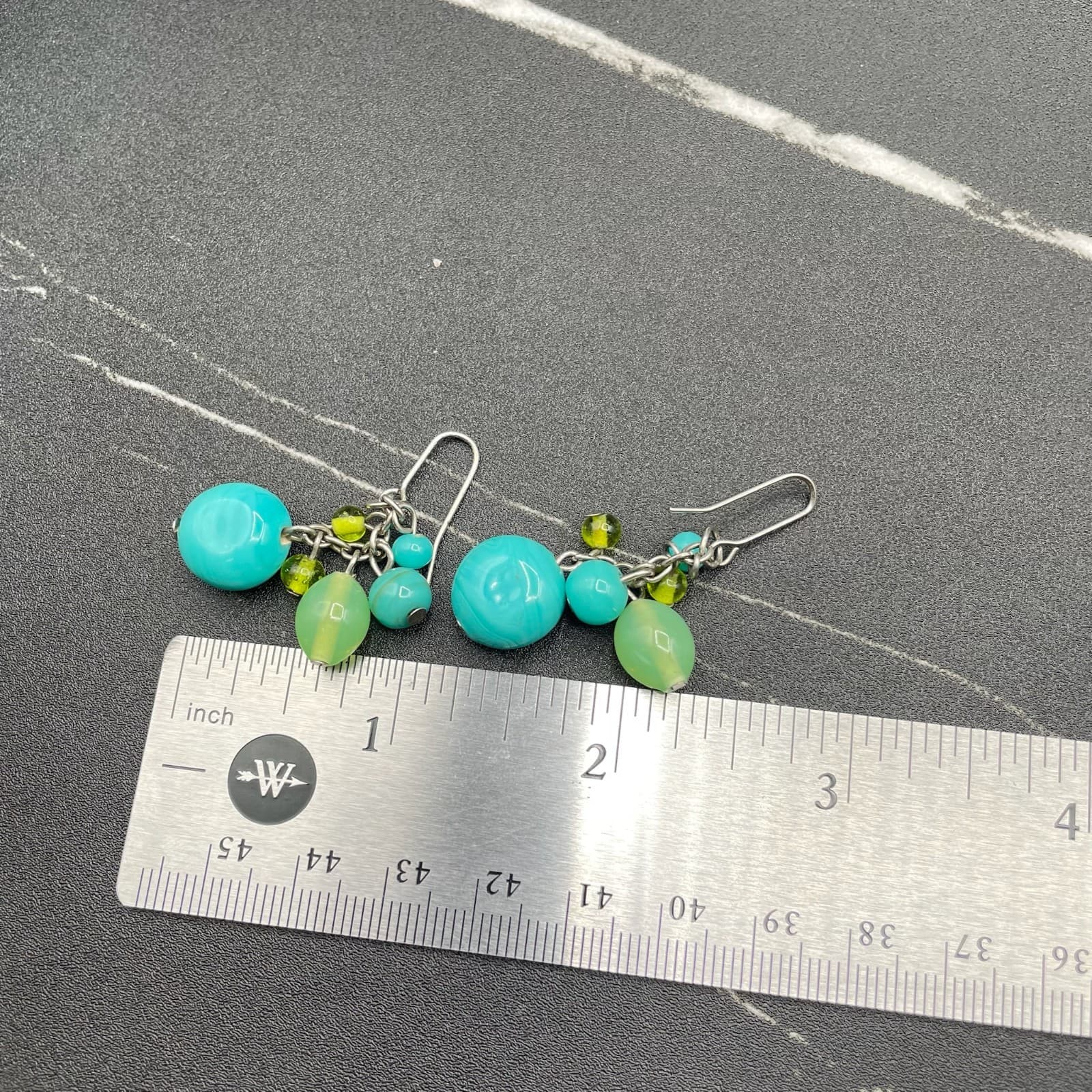 Vintage Blue Turquoise Green Silver-Tone Beaded Retro Dangle Drop Earrings - Thumbnail 7
