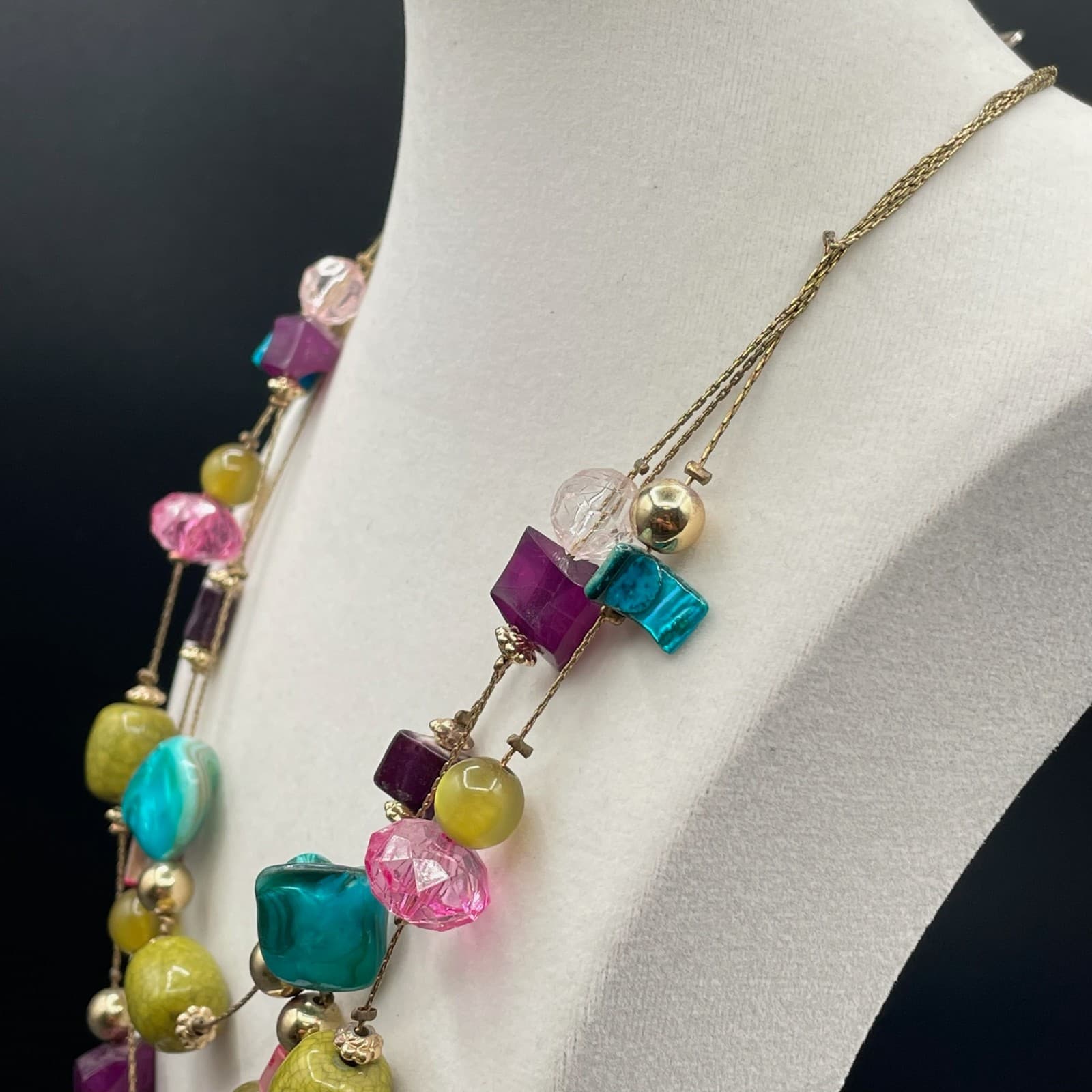 Vintage Multi-Strand Beaded Necklace Statement Multicolor Acrylic Glass Beads - Thumbnail 6