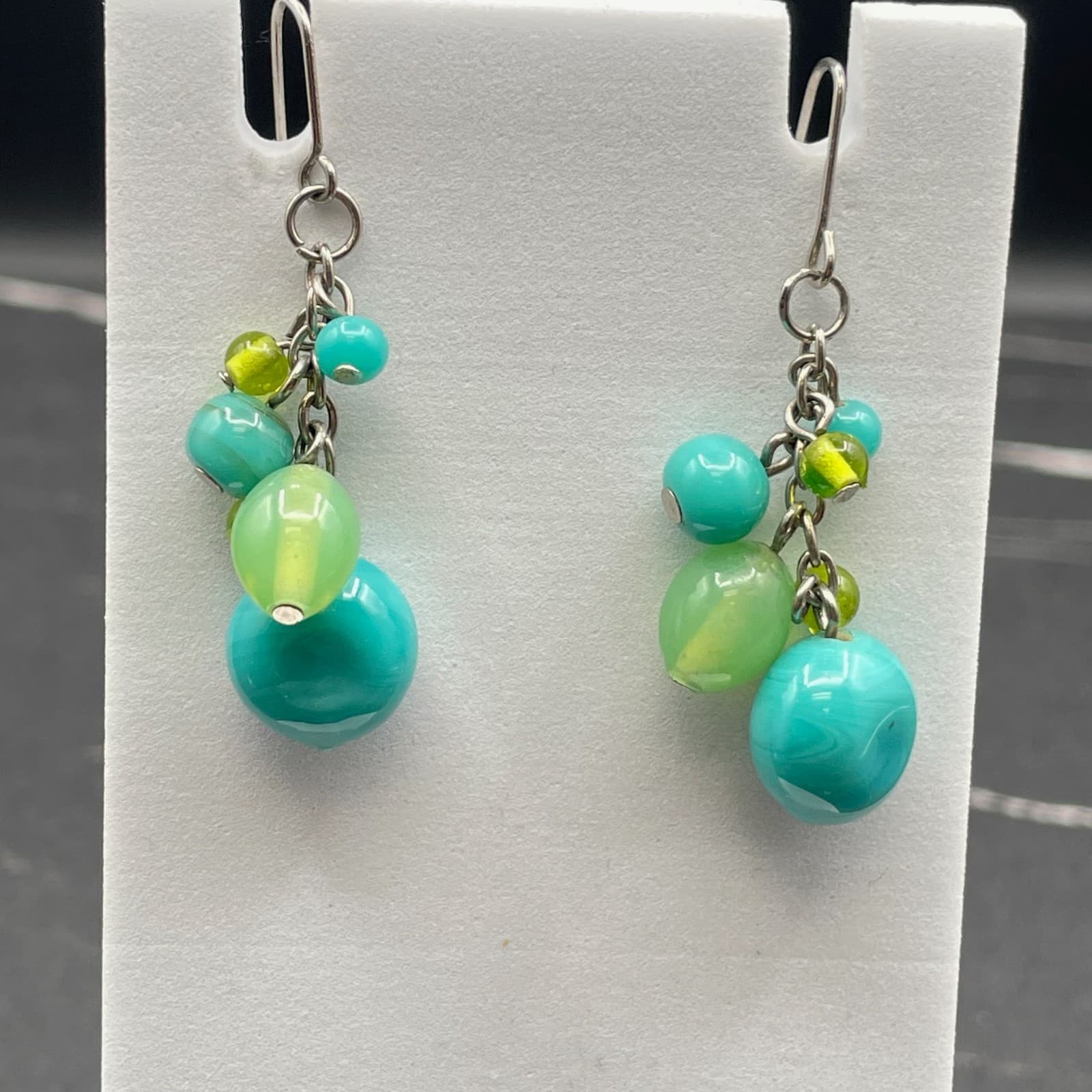 Vintage Blue Turquoise Green Silver-Tone Beaded Retro Dangle Drop Earrings - Thumbnail 6