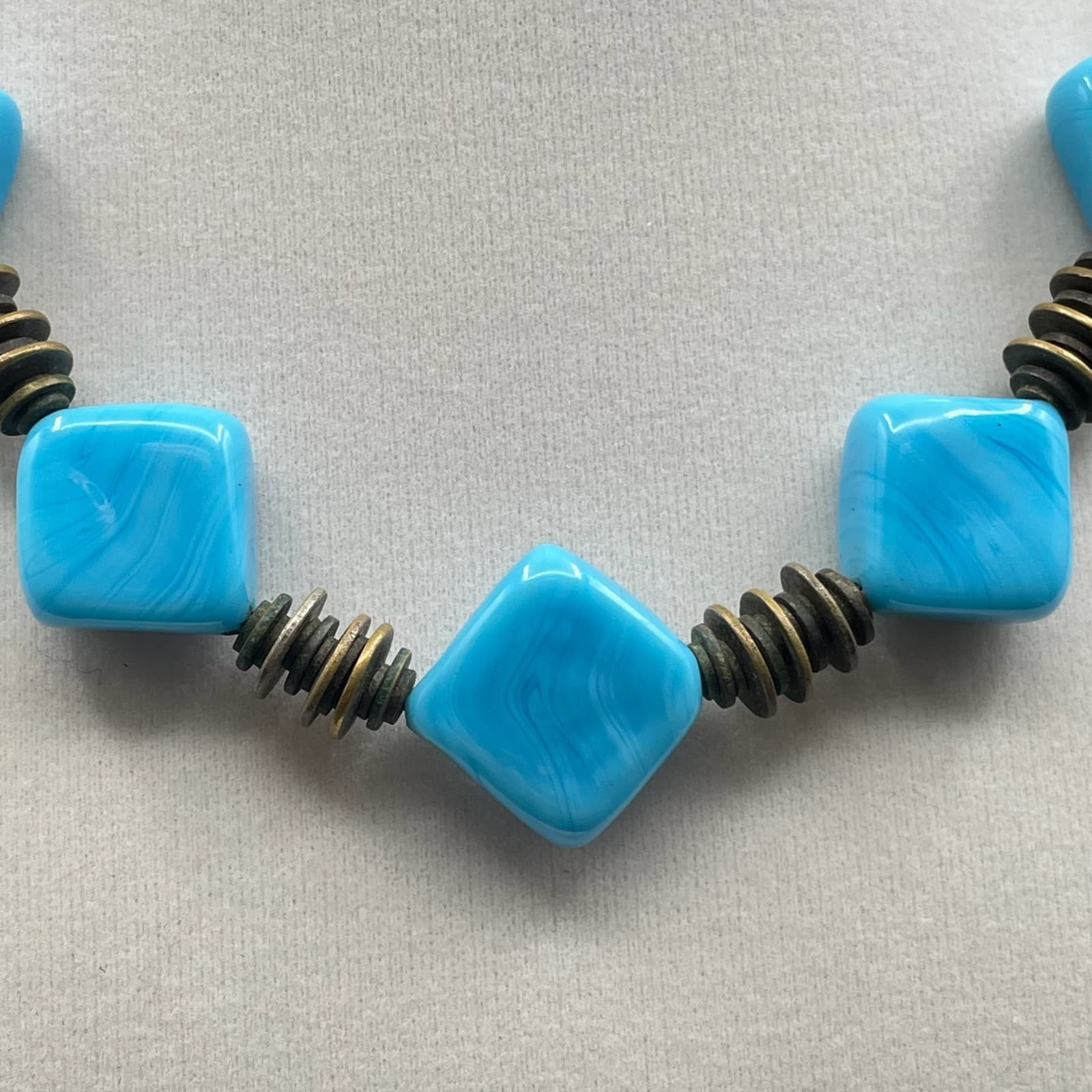Vintage Turquoise Stone Chunky Square Beaded Retro Classic Choker Necklace - Thumbnail 3