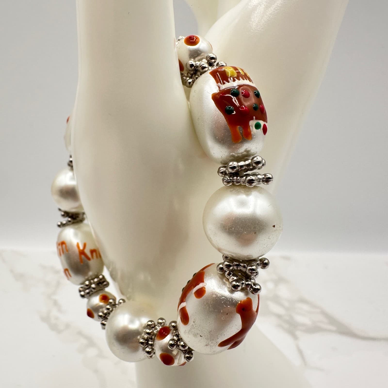 Vintage Multicolor Painted Christmas Gingerbread Man Glass Beaded Stretch - Thumbnail 4