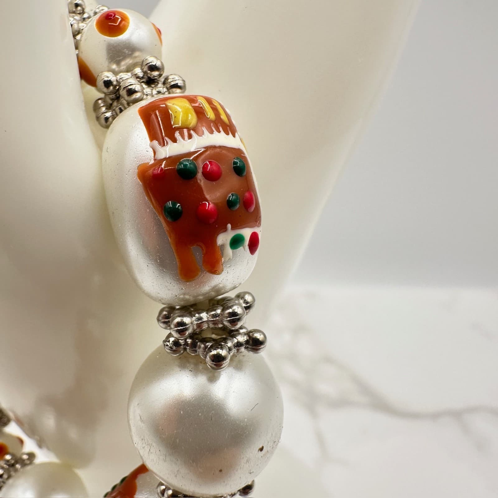 Vintage Multicolor Painted Christmas Gingerbread Man Glass Beaded Stretch - Thumbnail 5