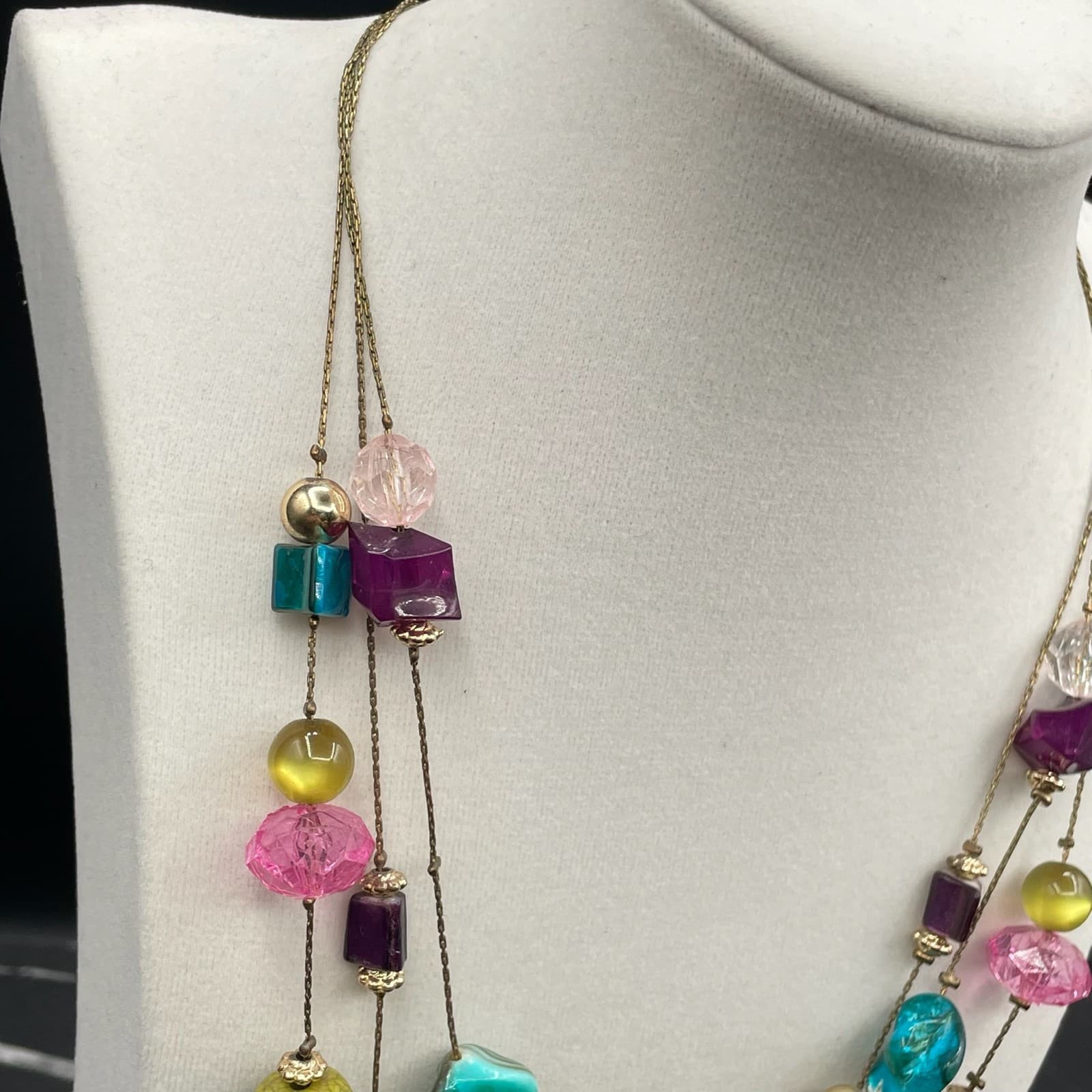 Vintage Multi-Strand Beaded Necklace Statement Multicolor Acrylic Glass Beads - Thumbnail 3