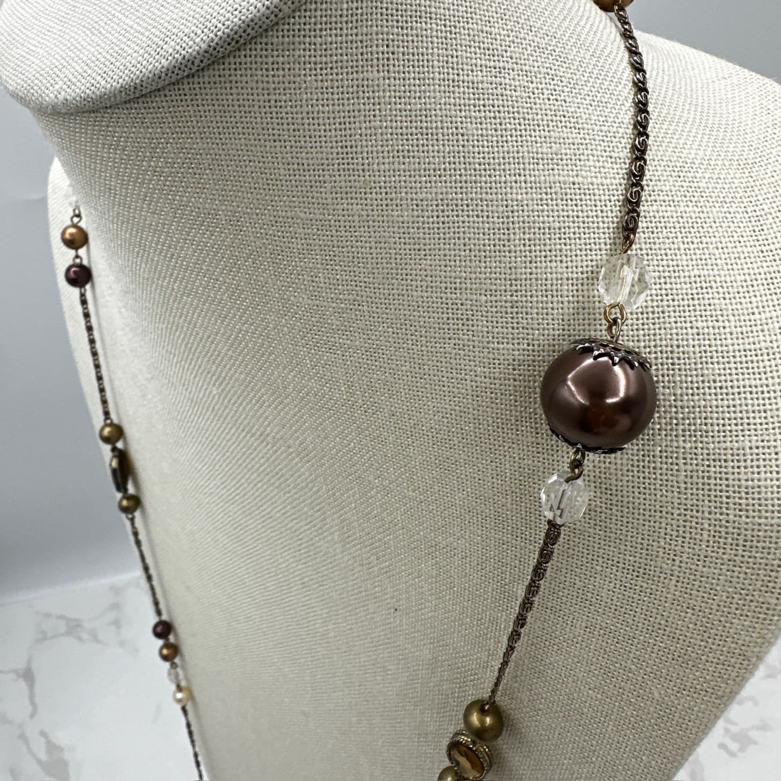 Vintage Classic Fashion Silver-Tone Chain Detail Faceted Bicone Beaded Necklace - Thumbnail 5