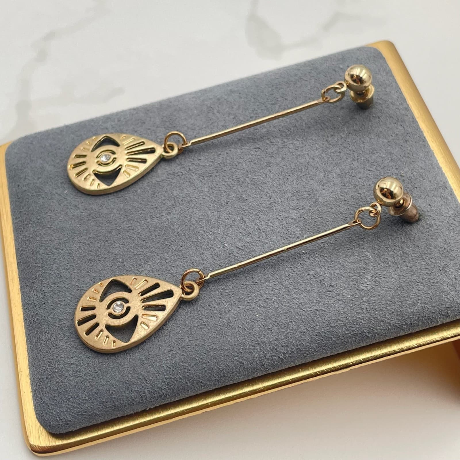 Vintage VTG Gold Tone Dangle Earrings Clear Stone Evil Eye Teardrop Stud Modern - Thumbnail 7